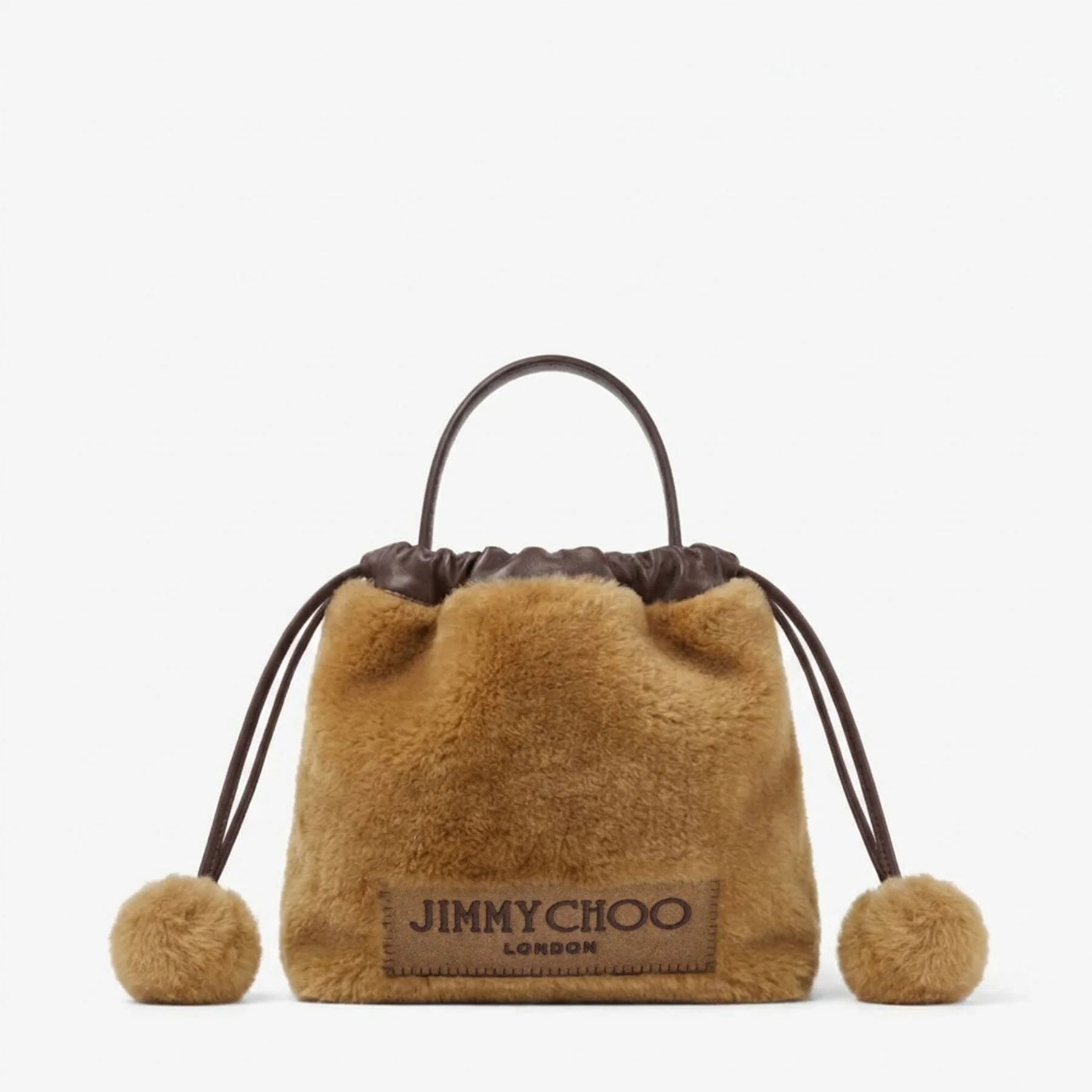 Drawstring Pouch Top Handle Teddy and Chocolate Shearling and Nappa Leather Drawstring Pouch with Po - 1