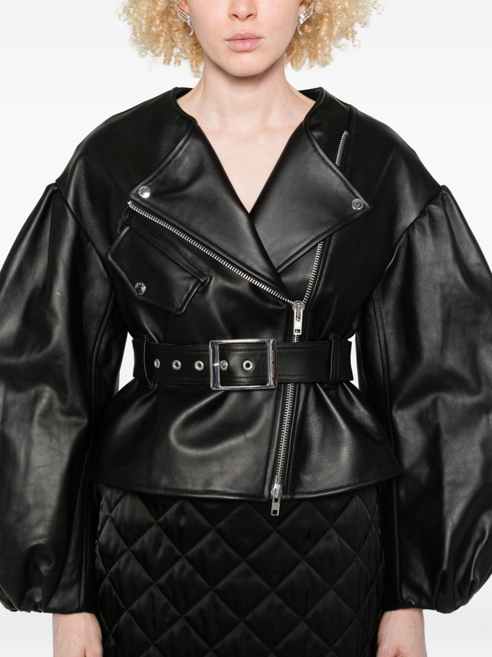 belted puff-sleeve leather jacket - 5