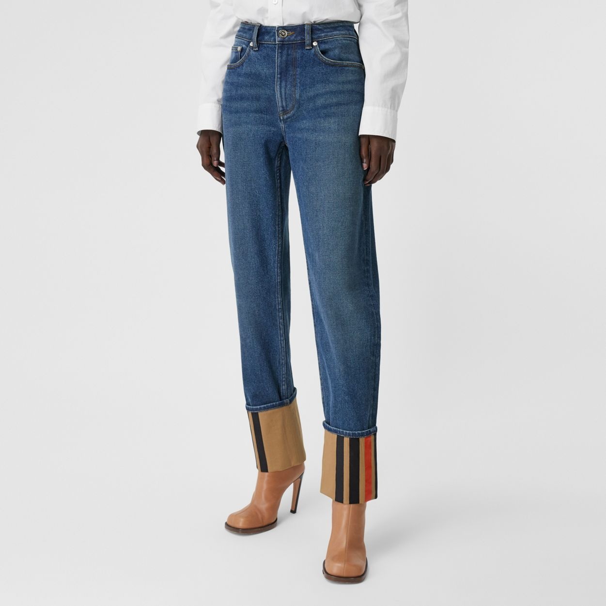 Straight Fit Striped Cuff Washed Jeans - 6