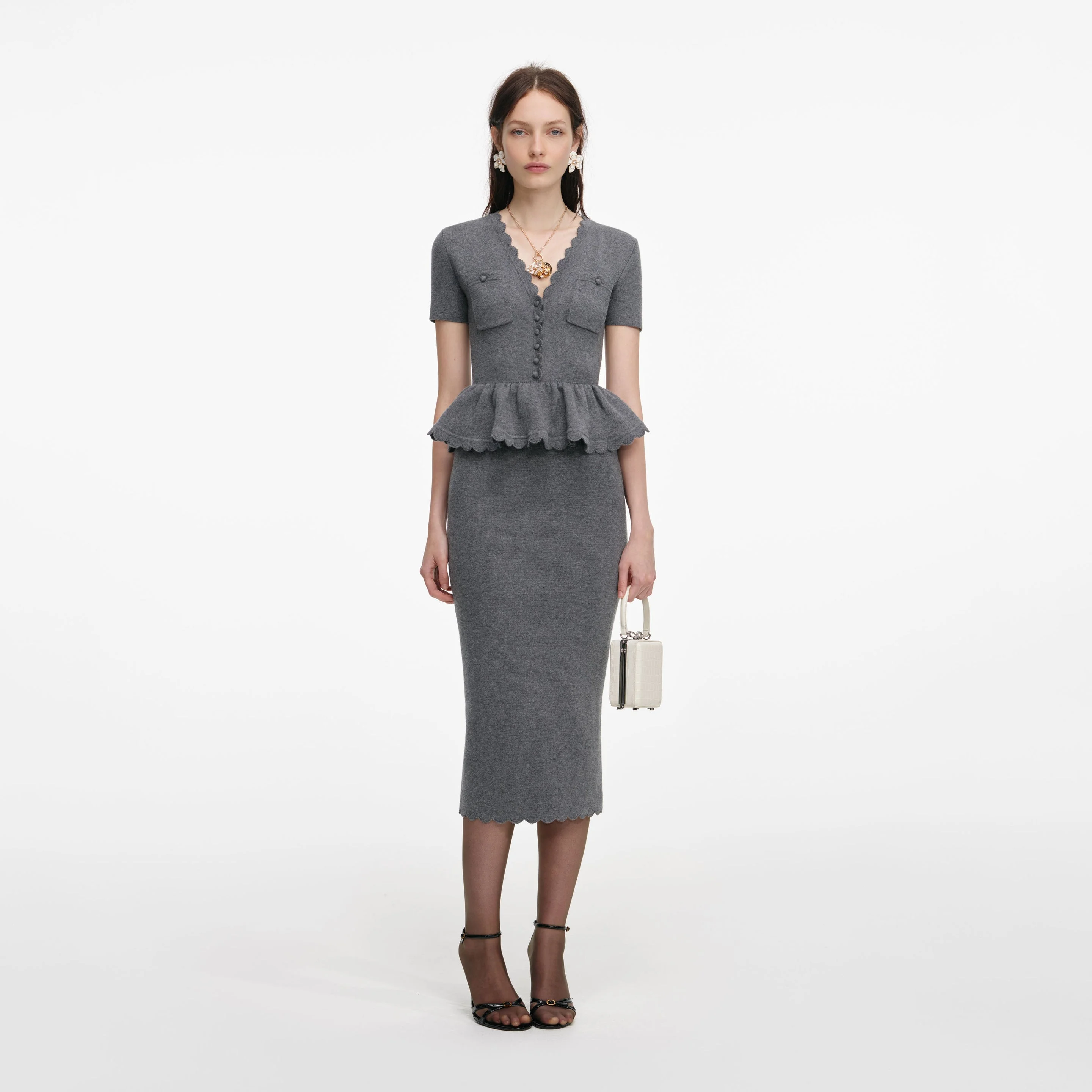 Grey Peplum Knit Midi Dress - 1