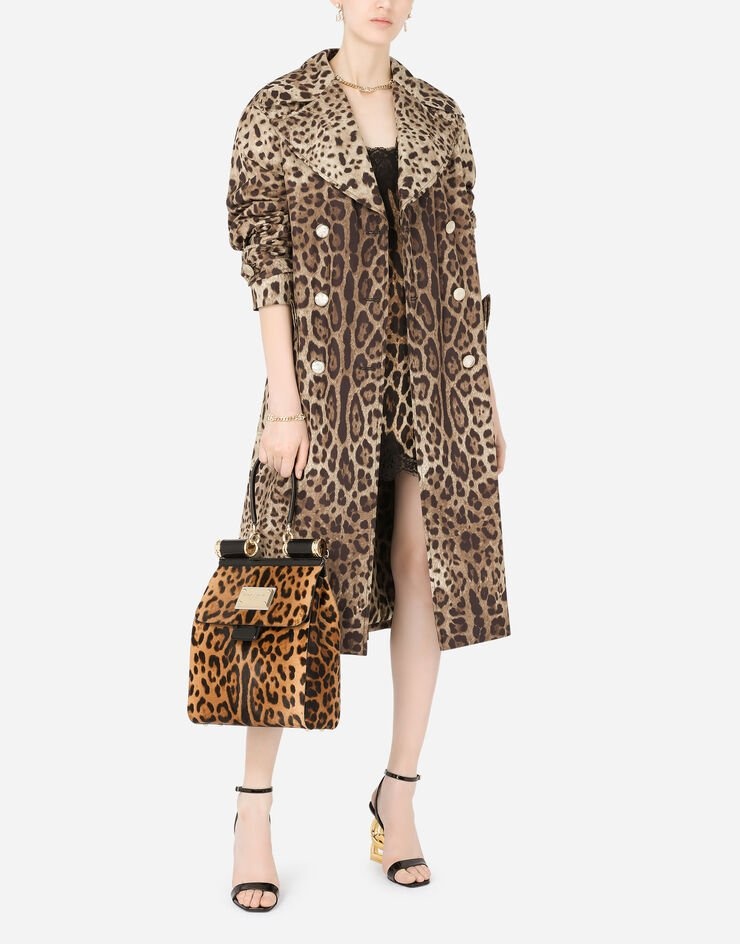 Belted double-breasted padded nylon trench coat with leopard print - 6