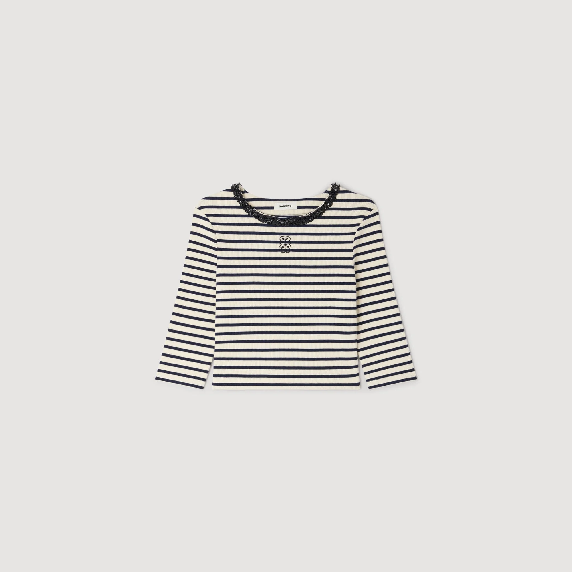 SHORT STRIPED TEE WITH BEADED COLLAR - 1
