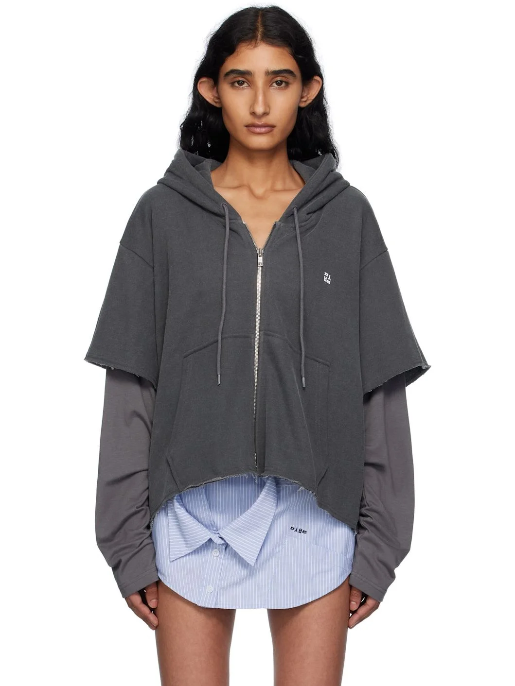Gray Raw Edge Zip-Up Hoodie - 1