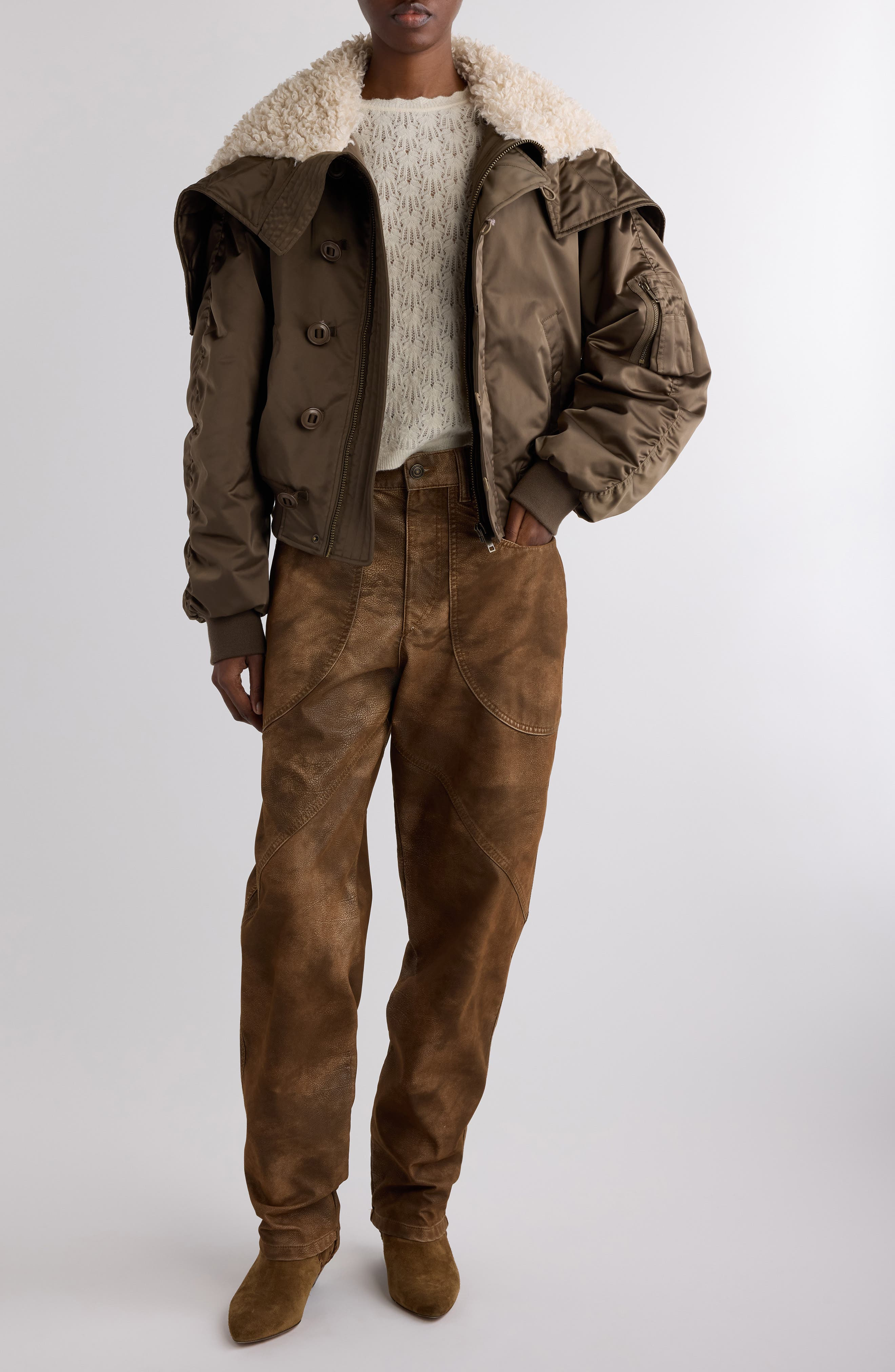 Isabel Marant Étoile Elisa Faux Shearling Trim Jacket in Khaki at Nordstrom - 2