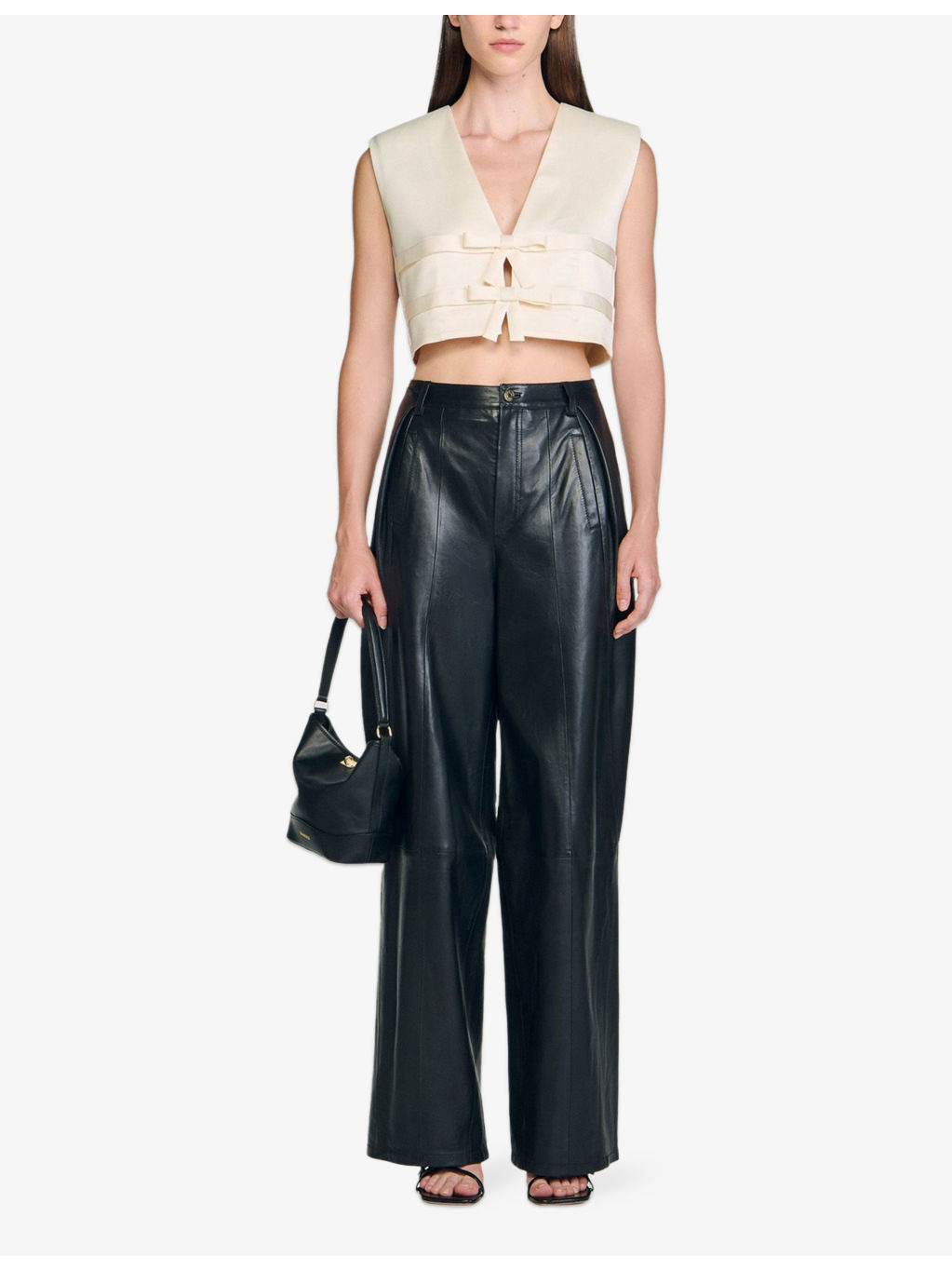 Tie-Front Sleeveless Cropped Satin Top - 2
