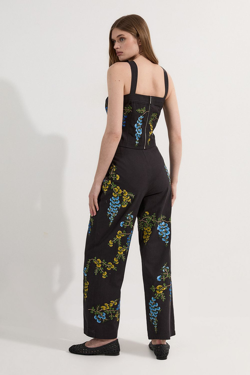Floral Embroidered Cotton Linen Woven Wide Leg Trousers 5