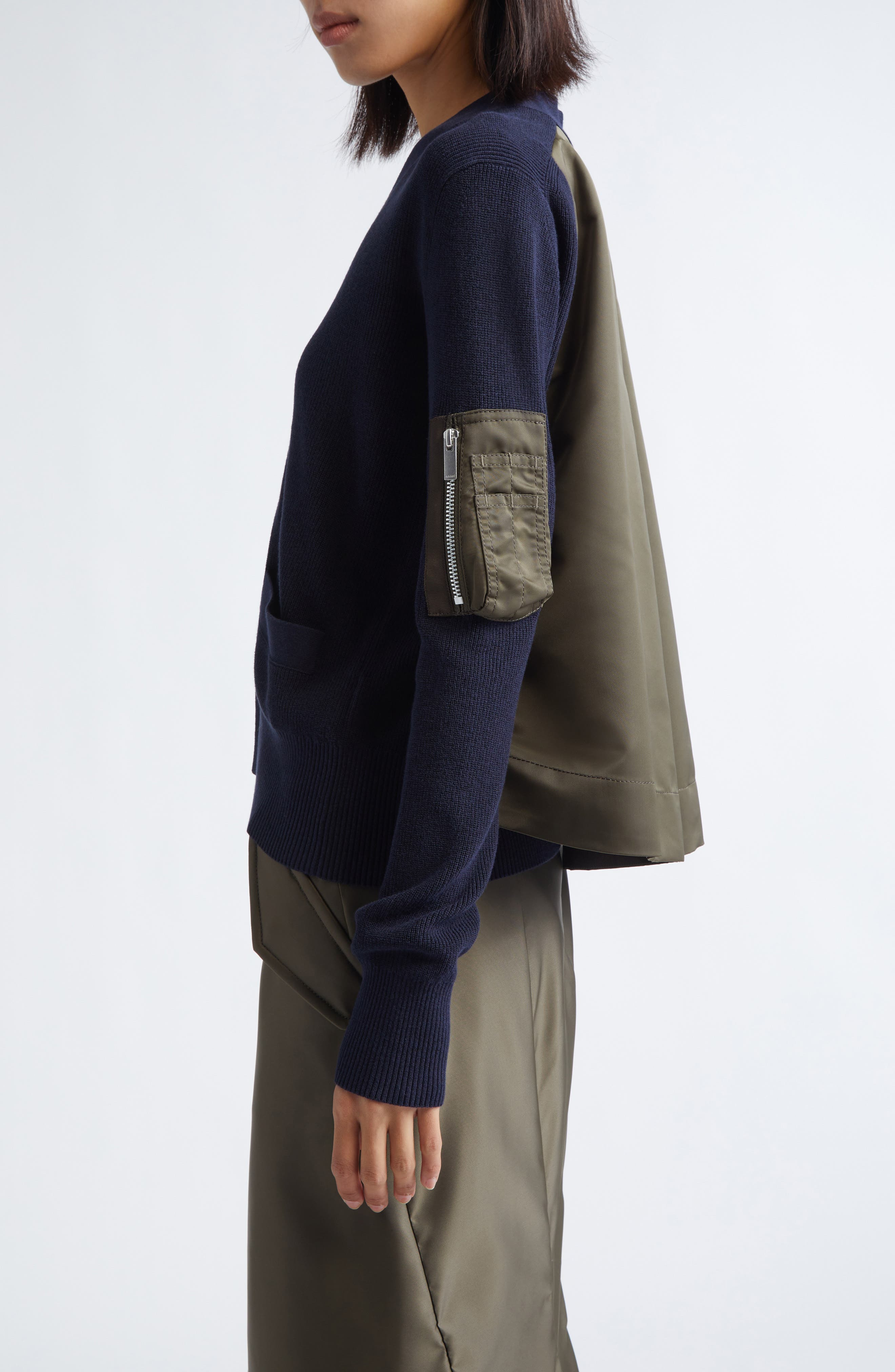 Sacai Mixed Media Nylon Twill & Knit Cardigan in Navy/Dark Khaki at Nordstrom - 4