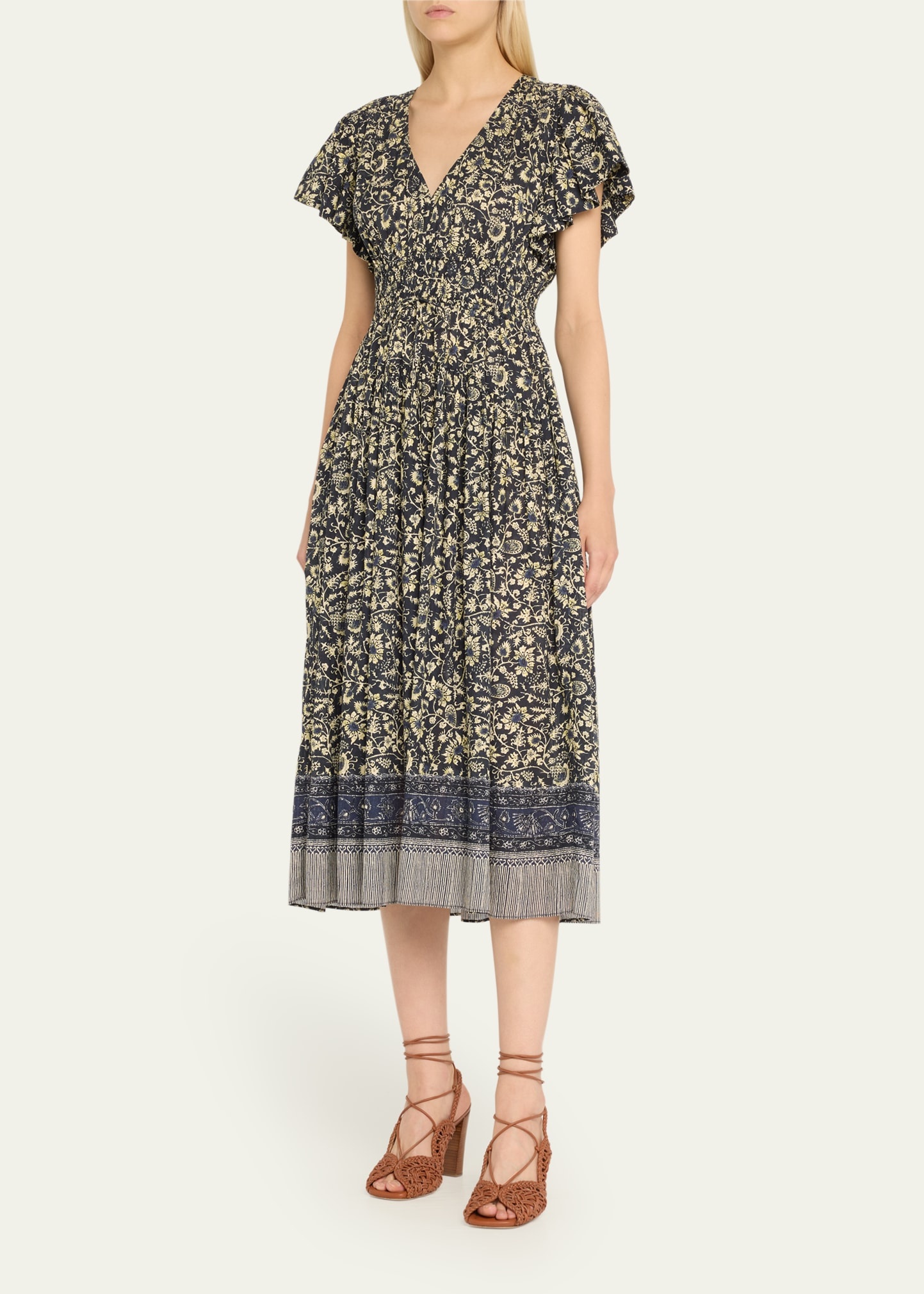 Lyria Flutter-Sleeve Floral Midi Dress - 4
