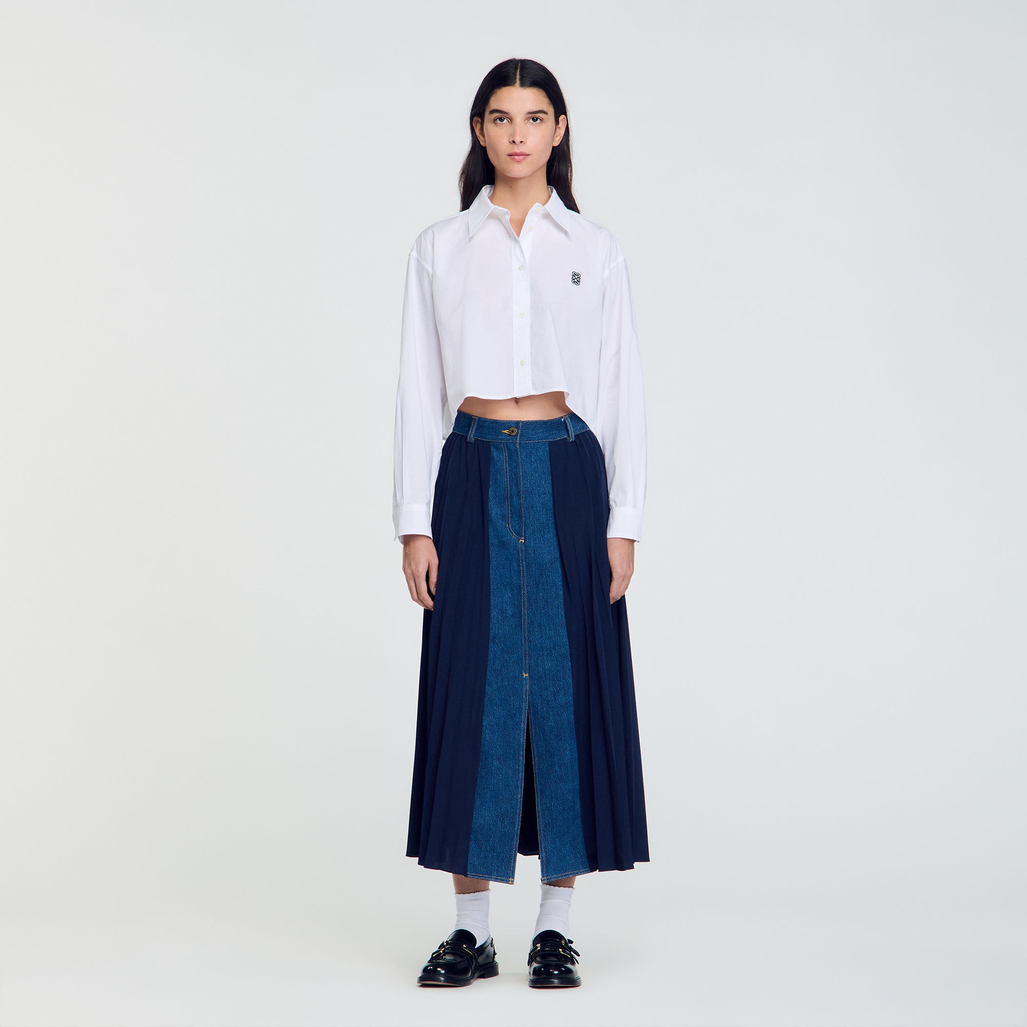 DUAL-MATERIAL DENIM PLEATED SKIRT - 3