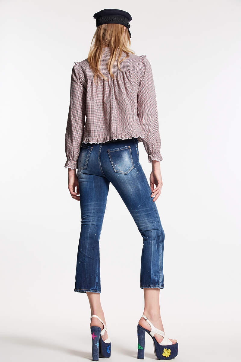 BLUE AND WHITE SPOTS WASH HIGH WAIST BELL BOTTOM JEANS - 2