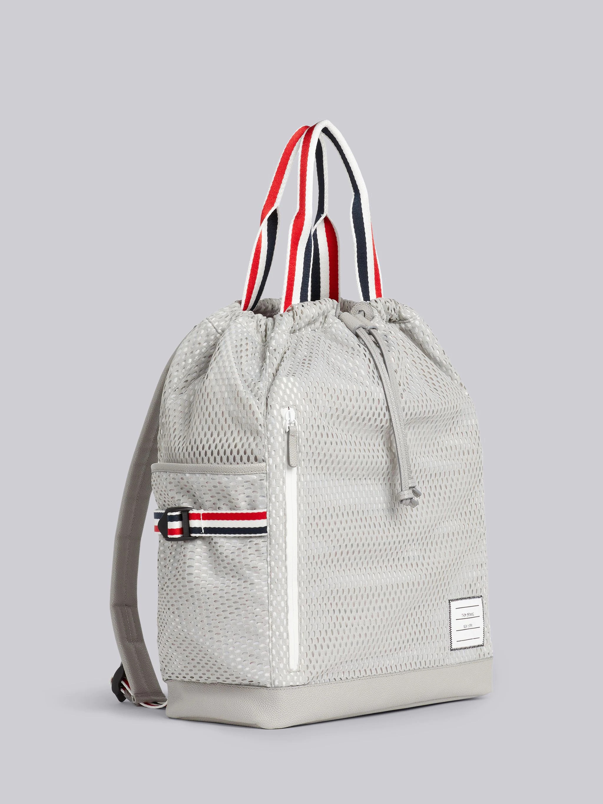 Medium Grey Heavy Athletic Mesh Stripe Webbing Strap Tote Backpack - 3
