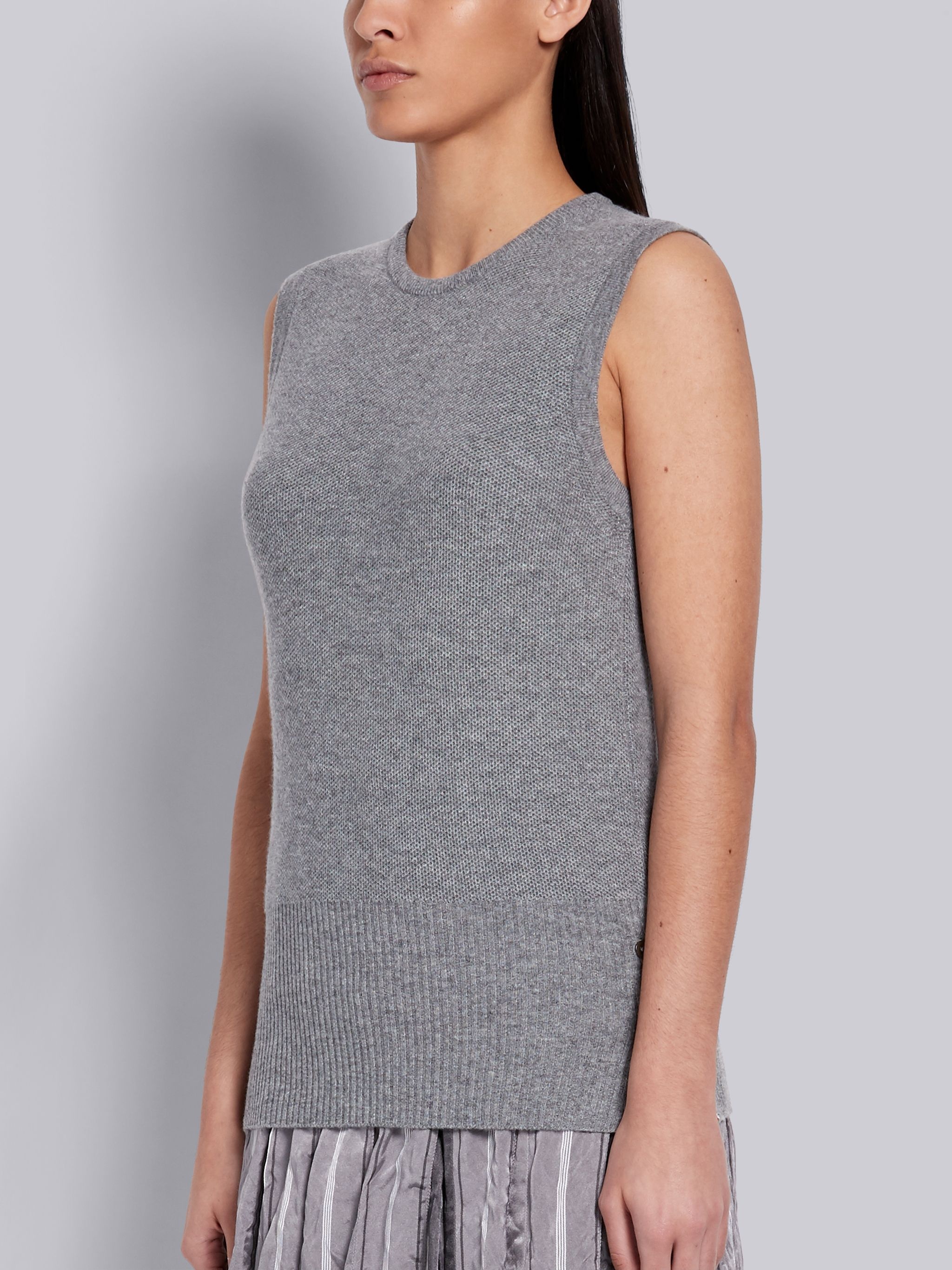 Light Grey Cashmere Pique Stitch Classic Crewneck Shell Top - 2