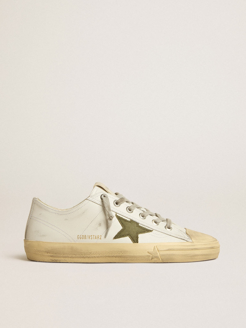 V-Star in white leather with green canvas star - 1