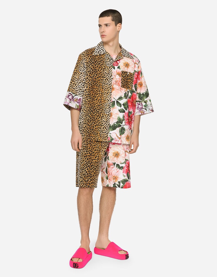 Cotton jogging shorts with flower and ocelot print - 1