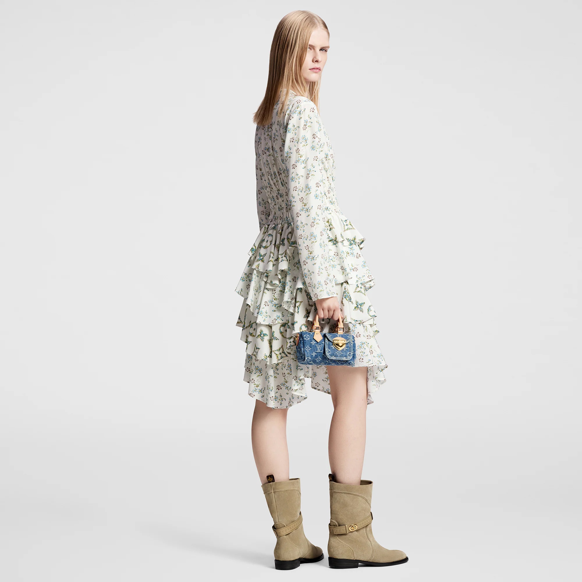 Floral Print Long-Sleeved Tiered Dress - 3