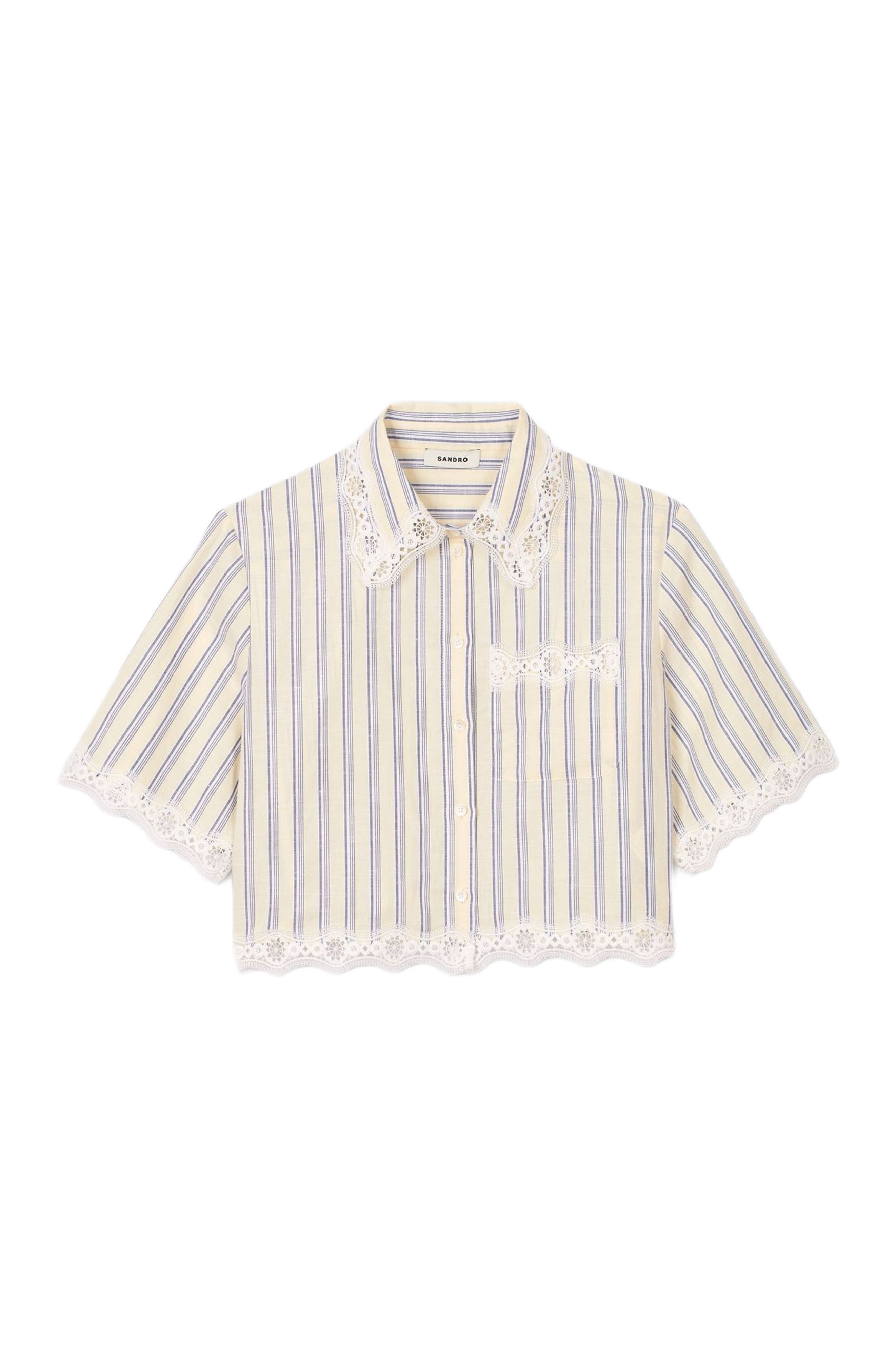 SANDRO Striped Cropped Shirt in Ecru /Jean at Nordstrom - 5