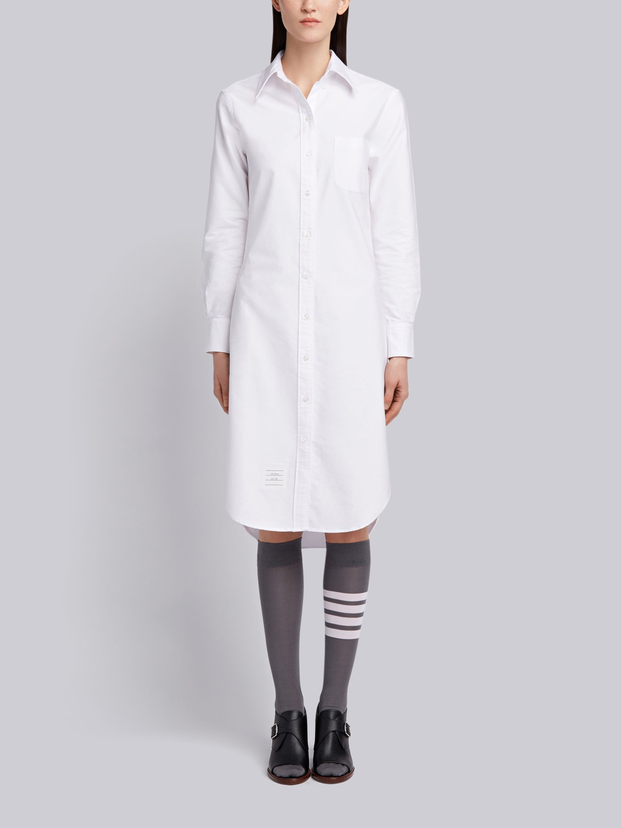 White Classic Oxford Long-sleeve Button Down Knee Length Shirtdress - 1