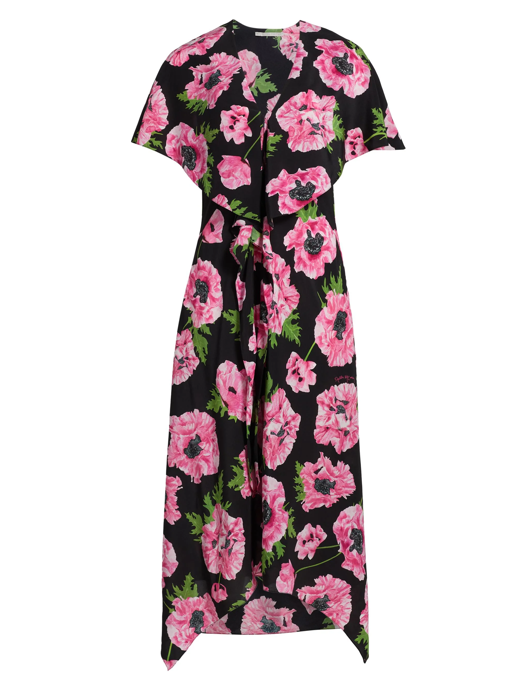 Women's Poppy Print Silk Midi-Dress - Pink Black - 1