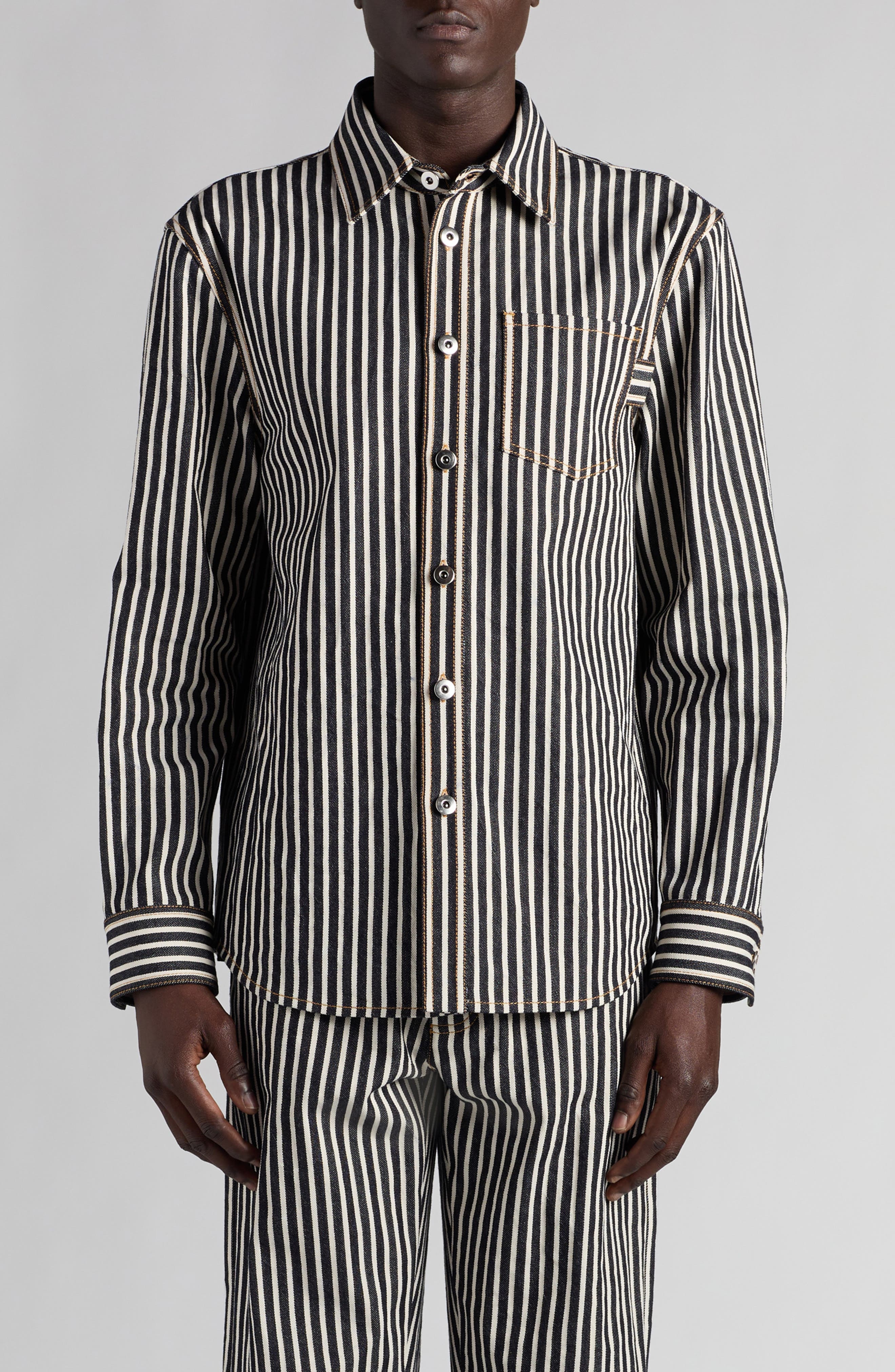 Bottega Veneta Regular Fit Engineer Stripe Cotton Drill Button-Up Shirt in 4037 Navy/Ecru at Nordstr - 1