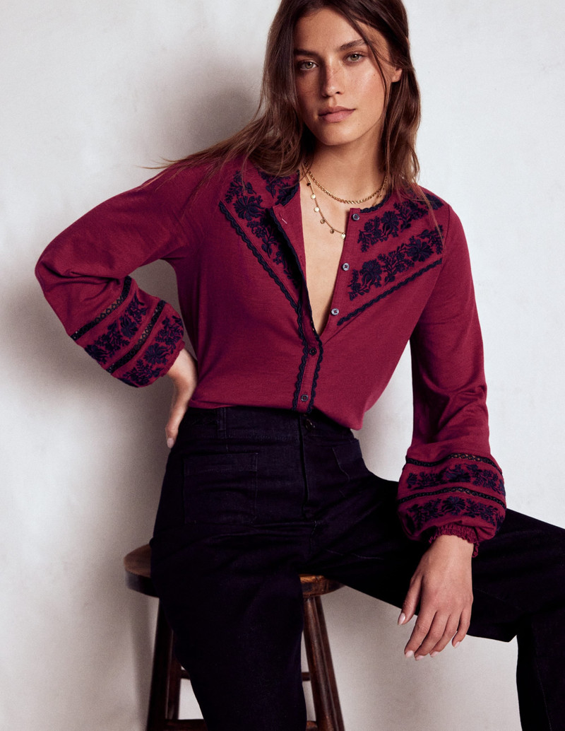 Trim Detail Jersey Shirt-Rumba Red, Navy Emb 3
