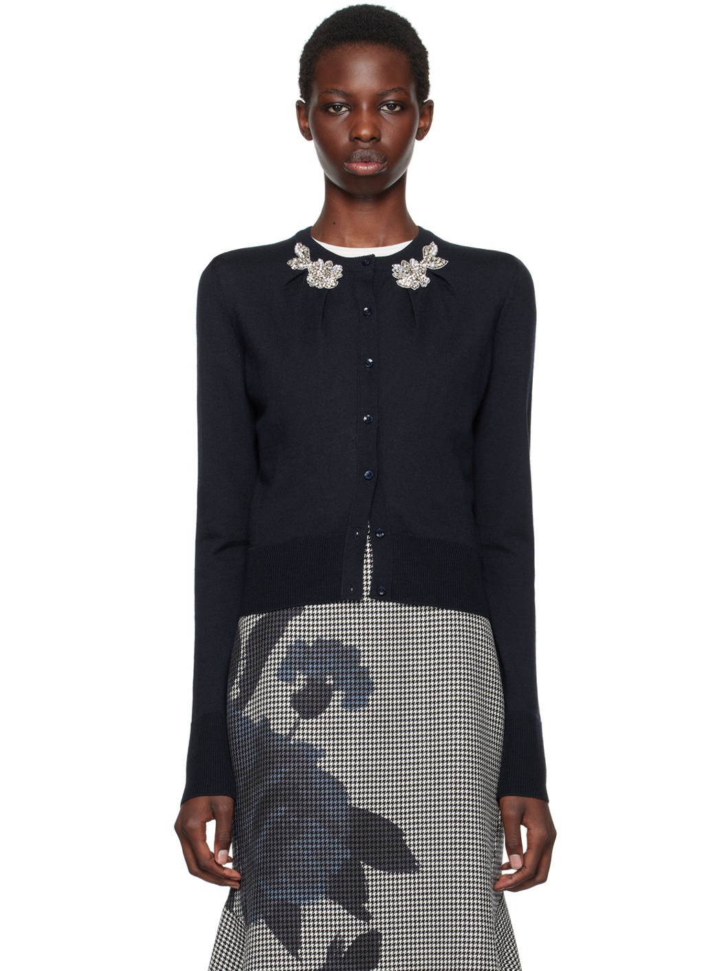 Navy Drape Knit Detail Cardigan - 1