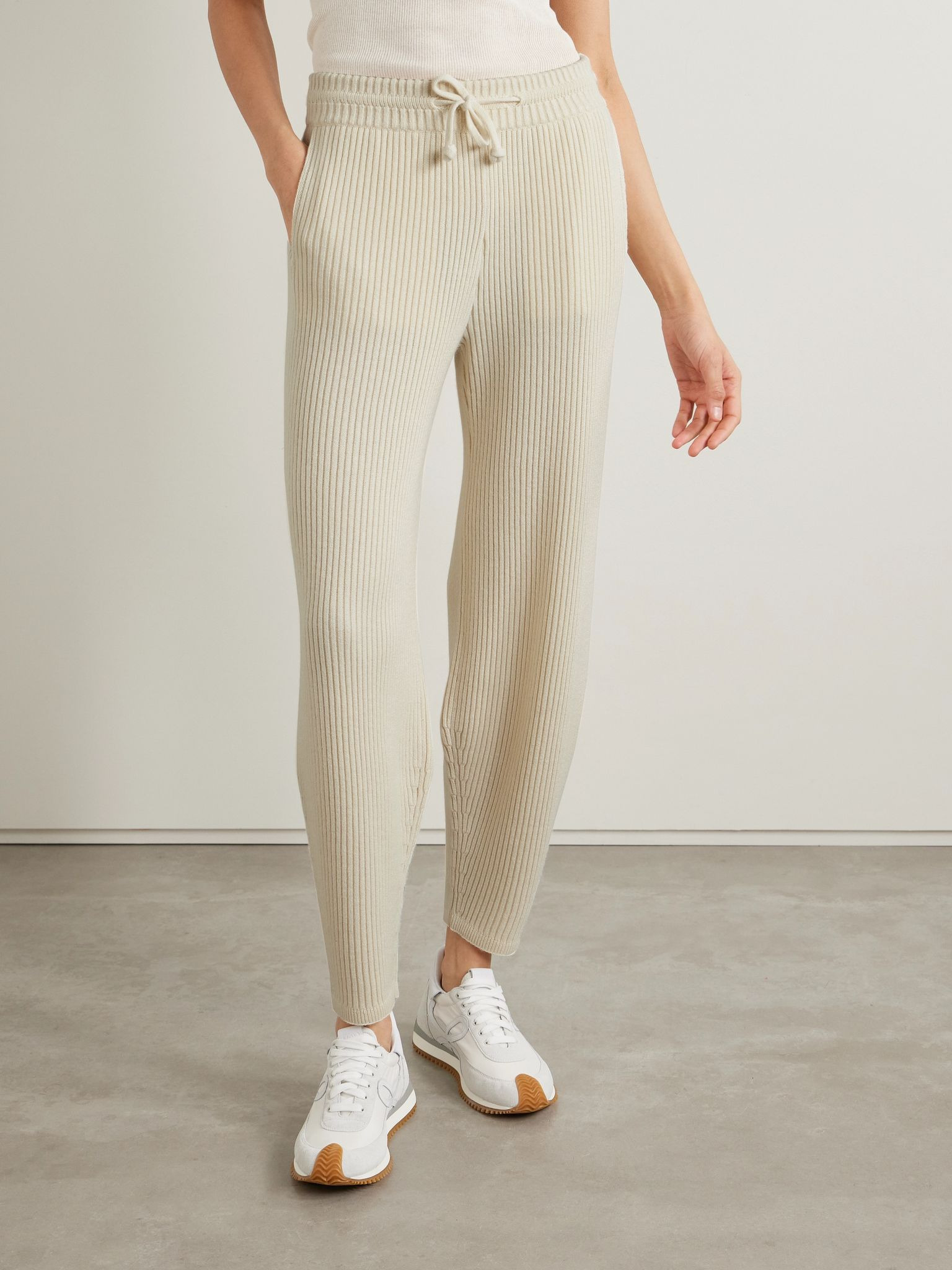 Ribbed silk and cashmere-blend tapered track pants Cream - 3
