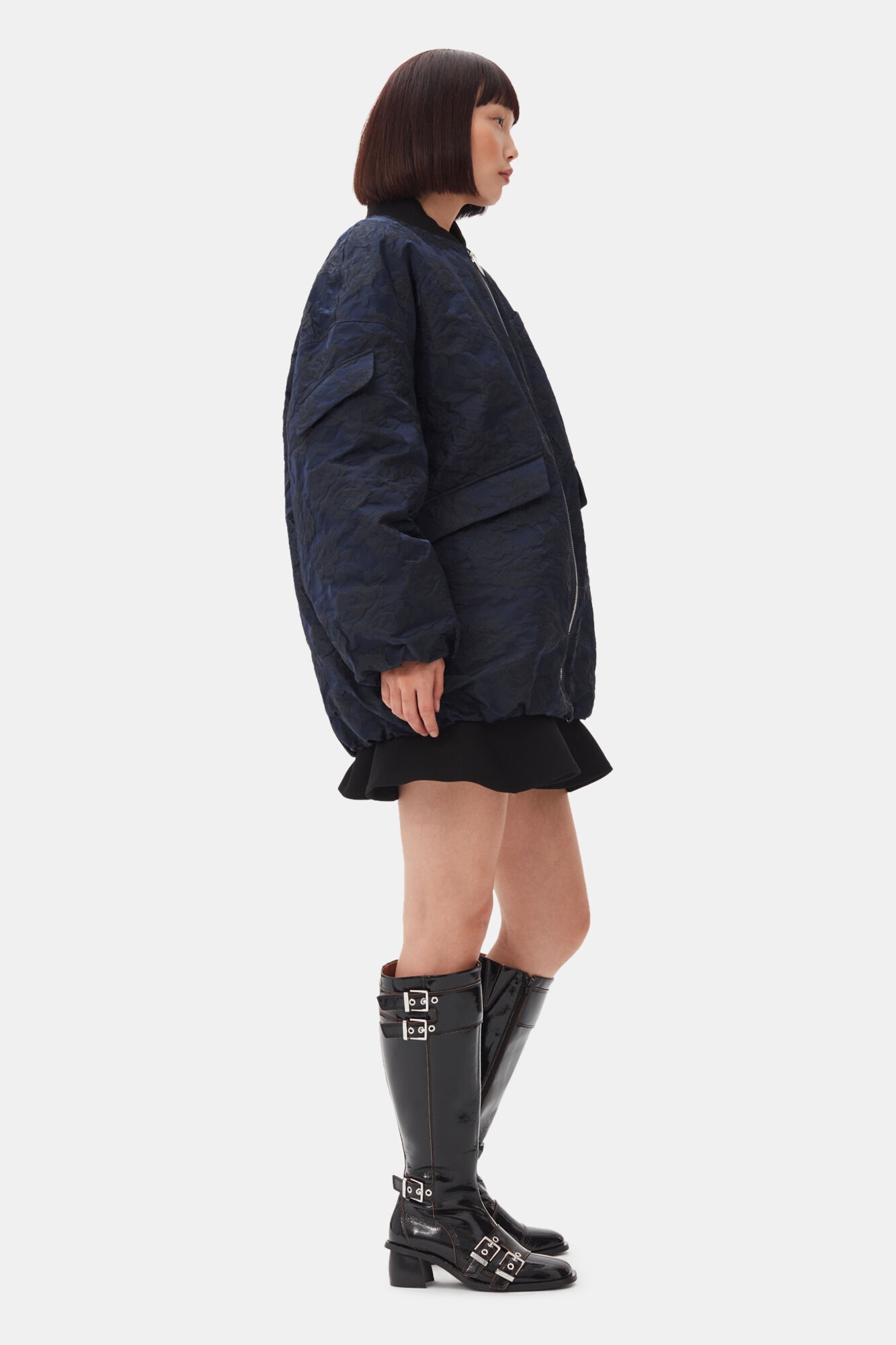 NAVY BLUE BOTANICAL JACQUARD BOMBER JACKET - 4