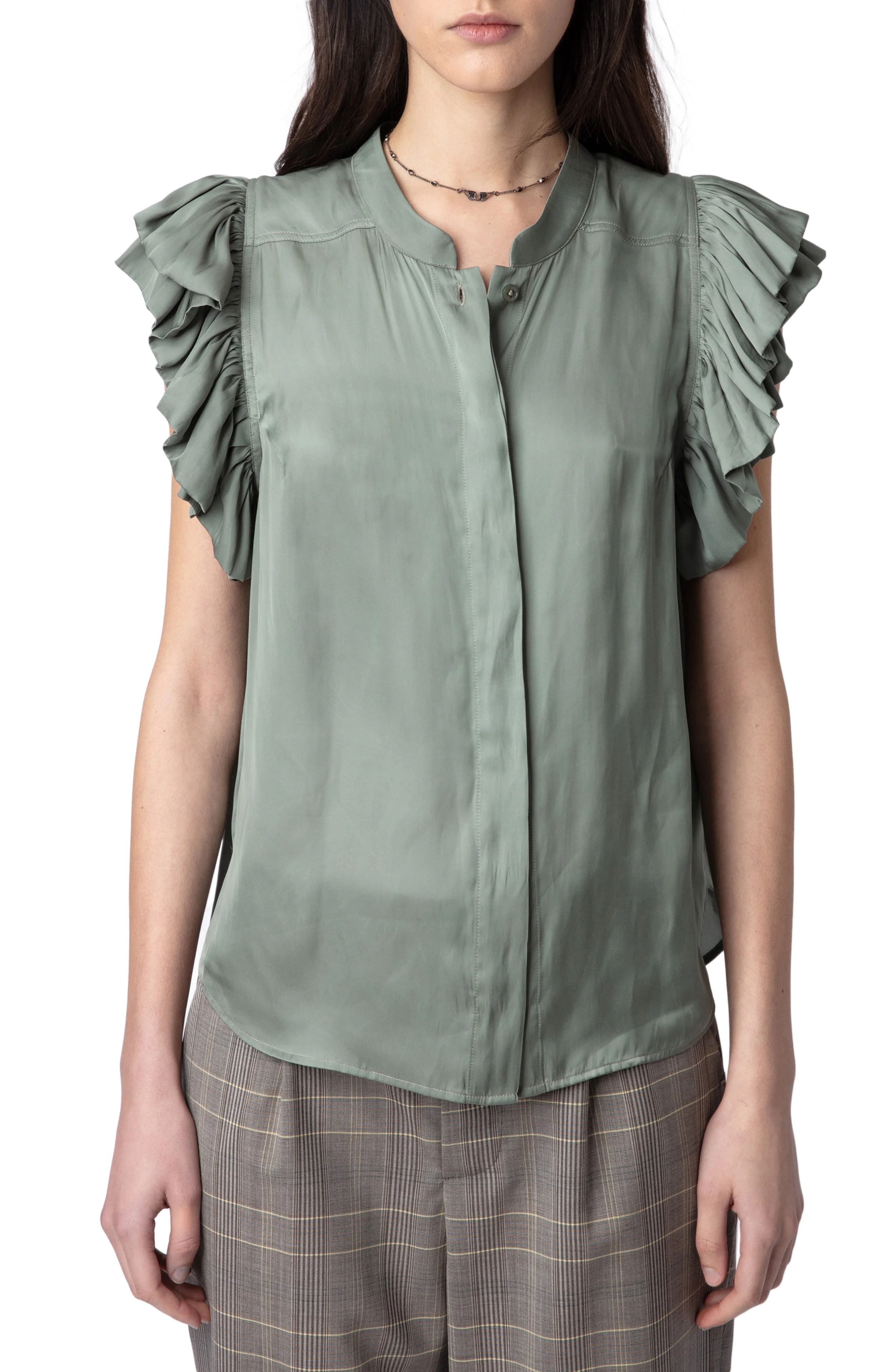 Zadig & Voltaire Tiza Ruffle Satin Button-Up Blouse in Trellis at Nordstrom - 1