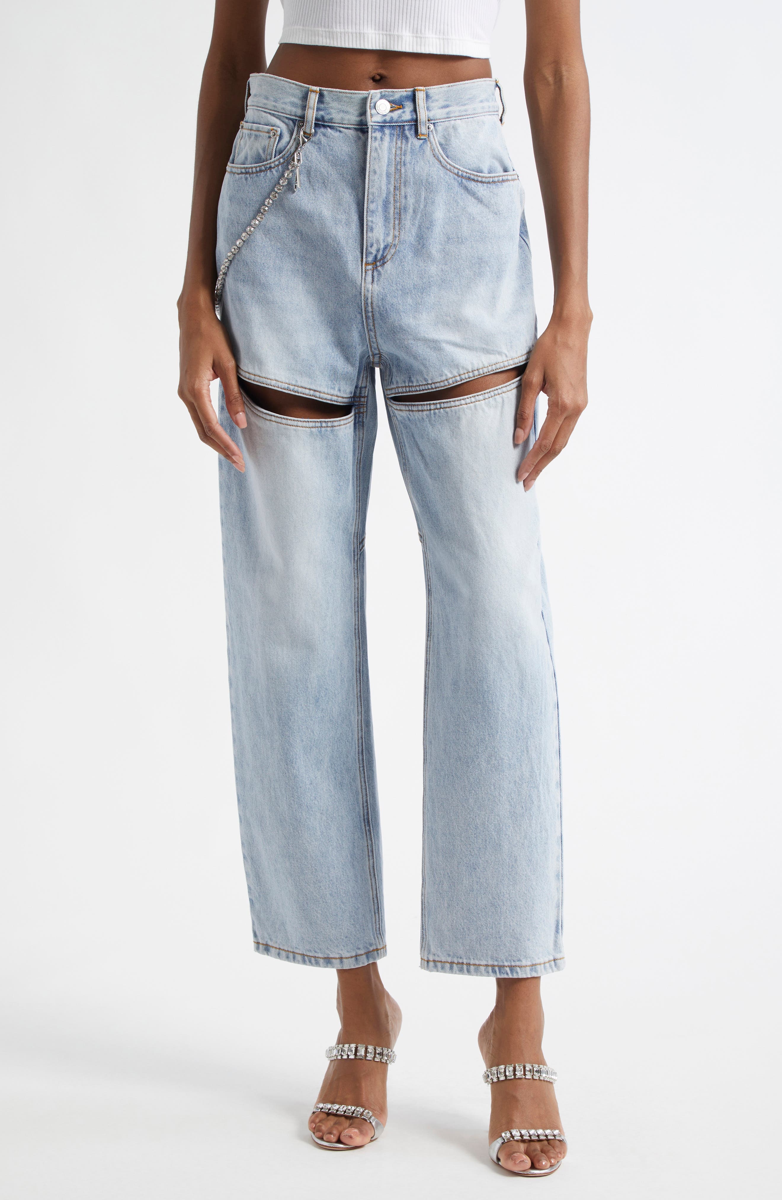 Area Slit Straight Leg Jeans with Crystal Chain in Light Blue at Nordstrom - 1