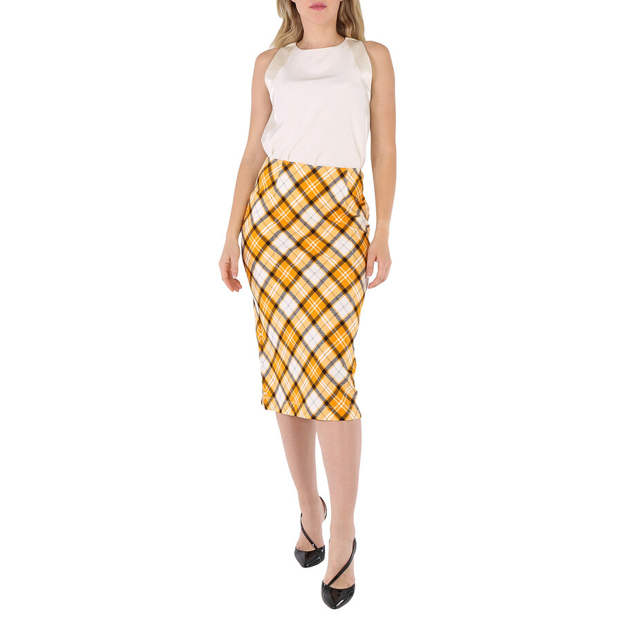Burberry Ladies Citrus Orange Check Print Stretch Jersey Pencil Skirt - 17
