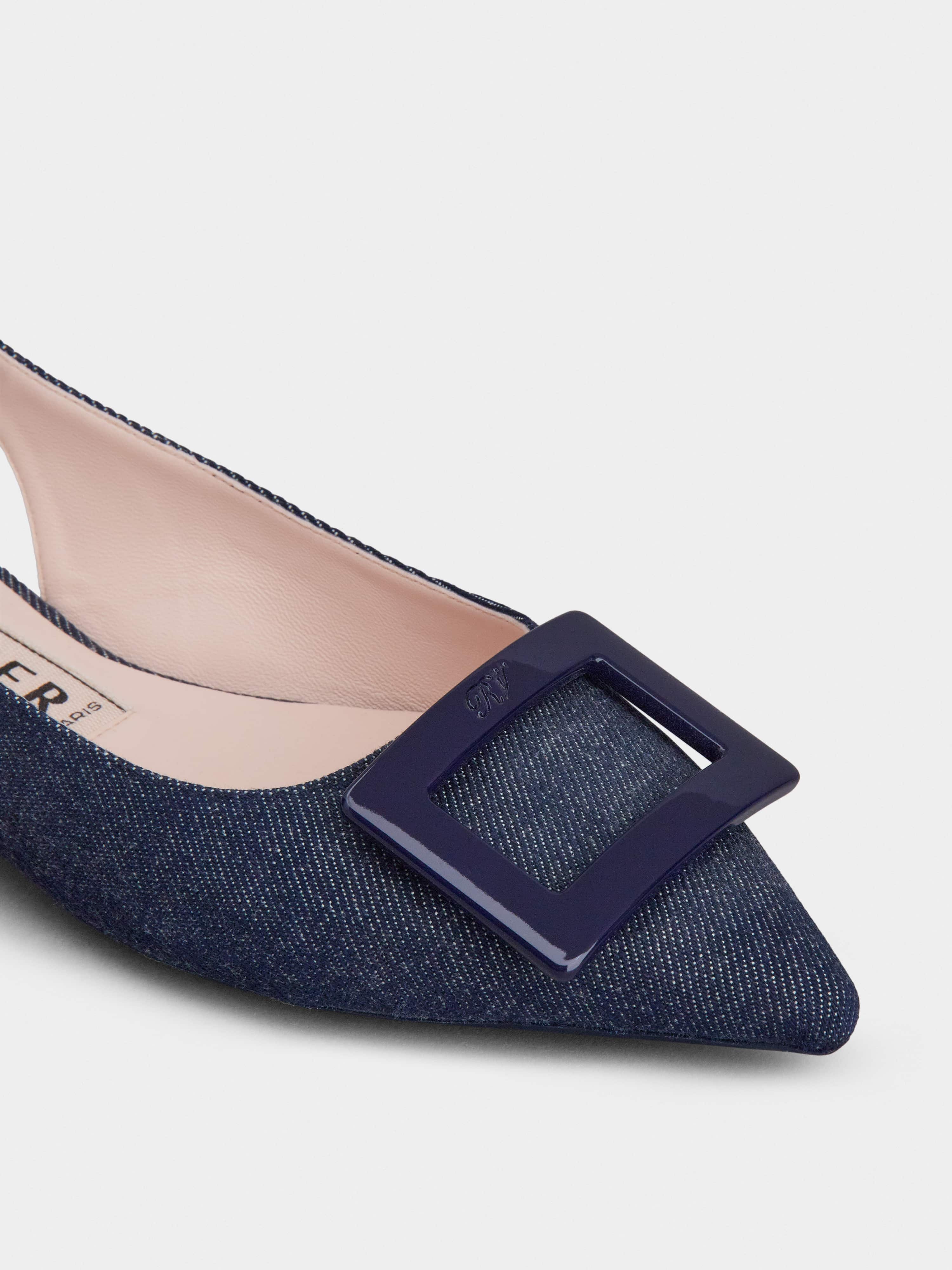 Gommettine Lacquered Buckle Slingback Ballerinas in Denim - 3