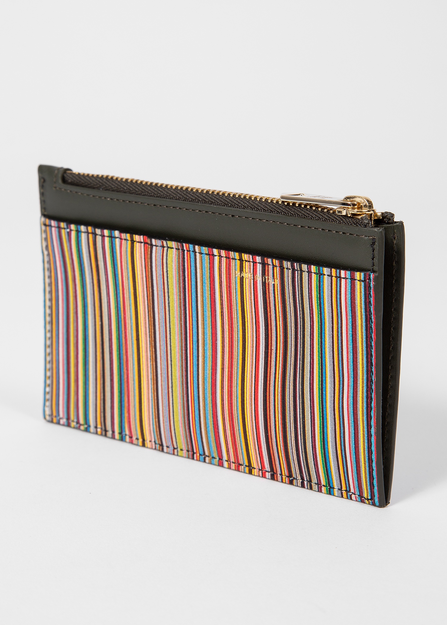 Khaki 'Signature Stripe' Leather Zip Pouch - 2