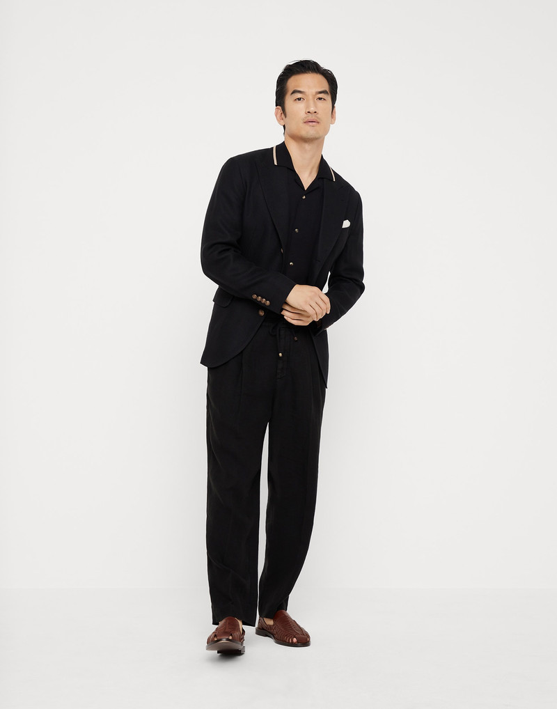 Linen, wool and silk diagonal deconstructed blazer with large peak lapels and metal buttons 5