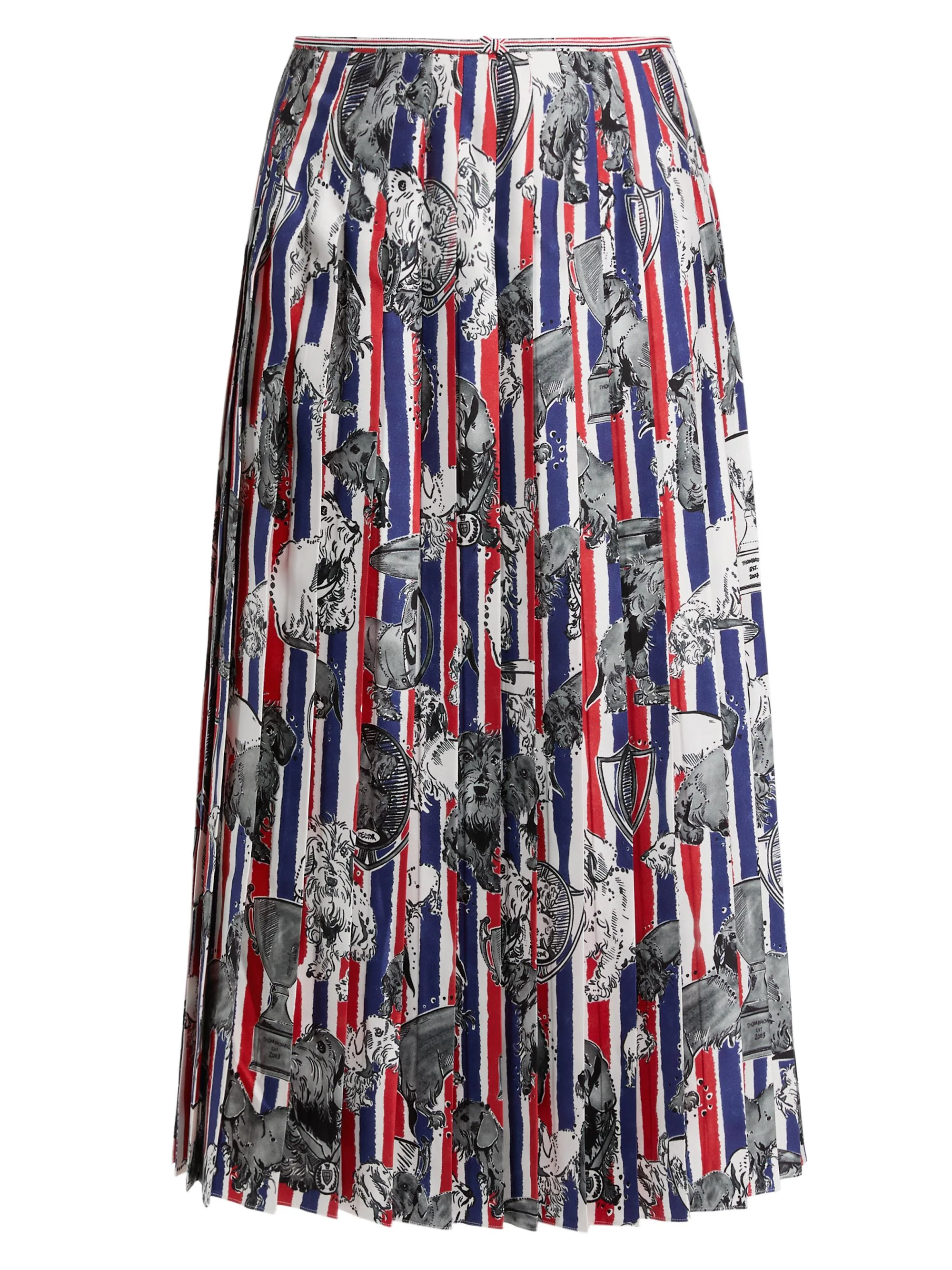 Women's Pleated Printed Silk Twill Midi-Skirt - Red White Blue - 1