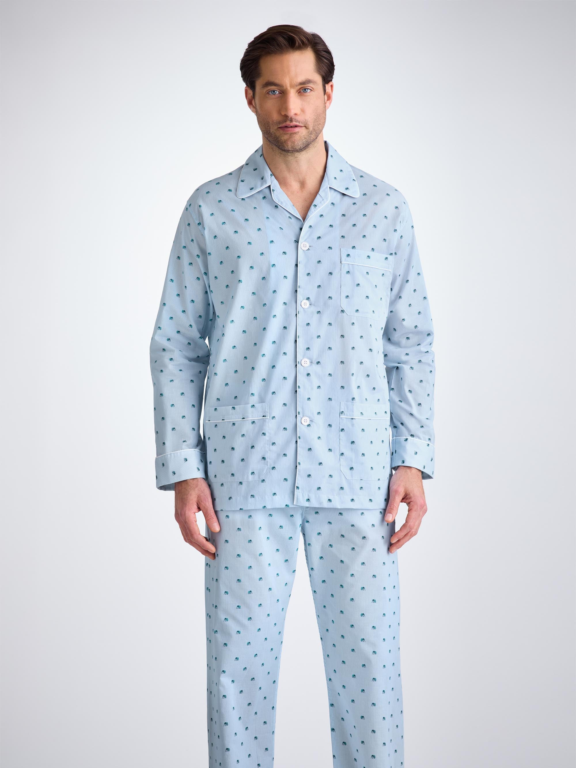 Men's Classic Fit Pajamas Cotton Batiste Blue Elephant Print - 5