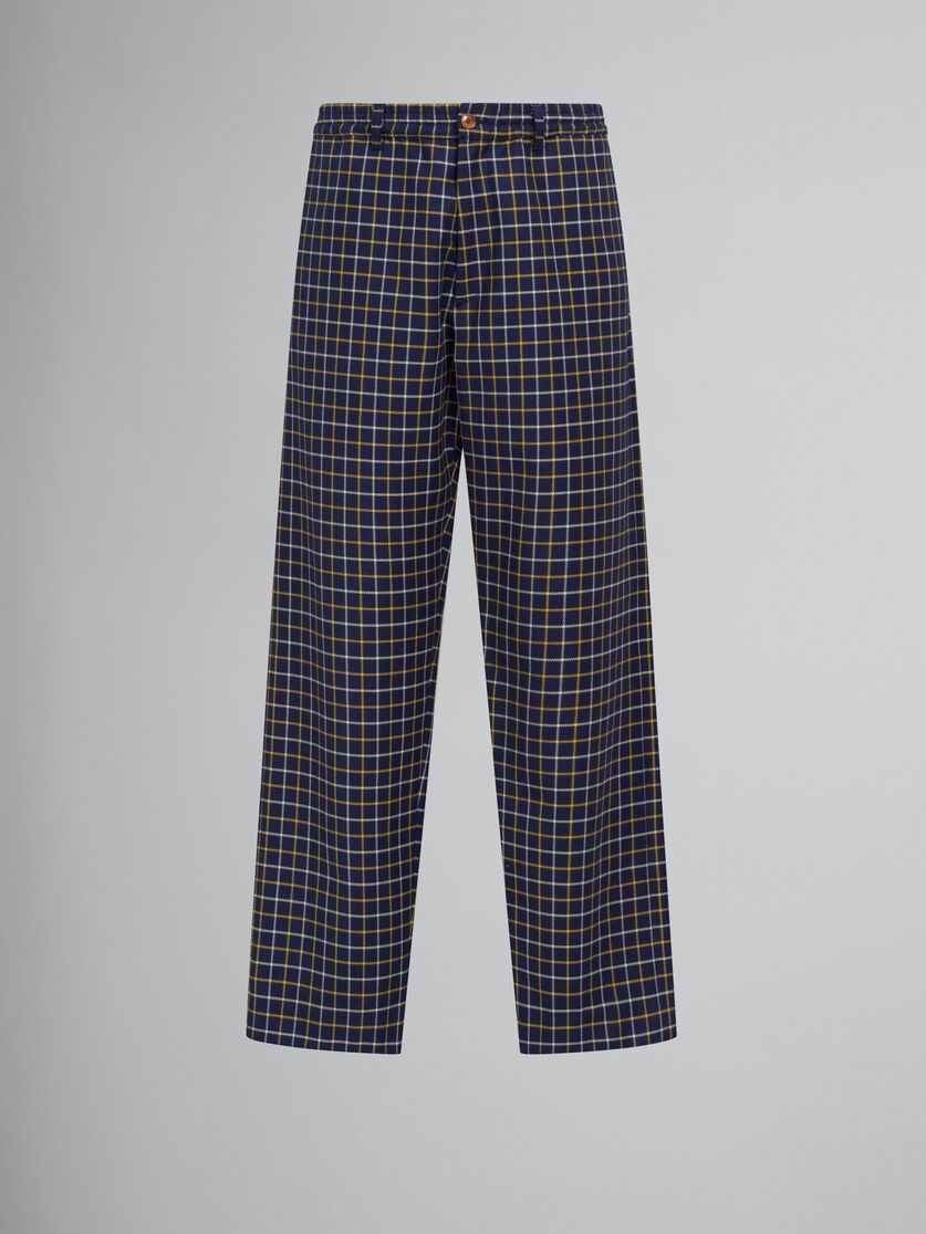 BLUE CHECKED WOOL AND COTTON TRACK PANTS - 1