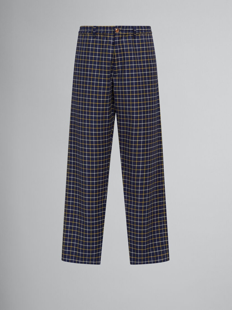 BLUE CHECKED WOOL AND COTTON TRACK PANTS 1