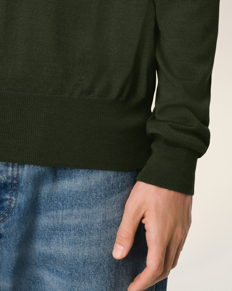 GREEN WOOL TONAL V NECK SWEATER 4