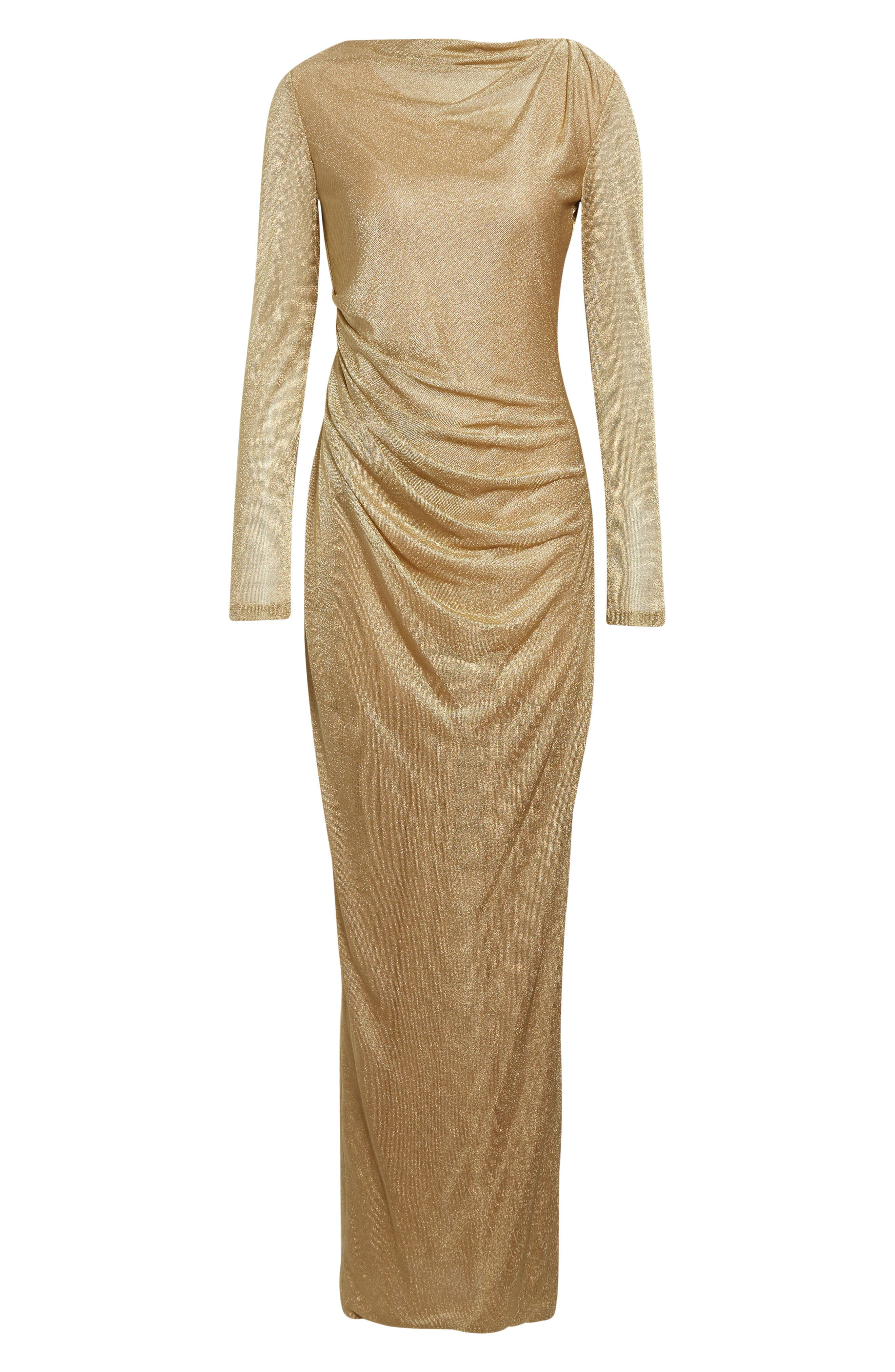 Oscar de la Renta Draped Long Sleeve Metallic Jersey Gown in Gold at Nordstrom - 5