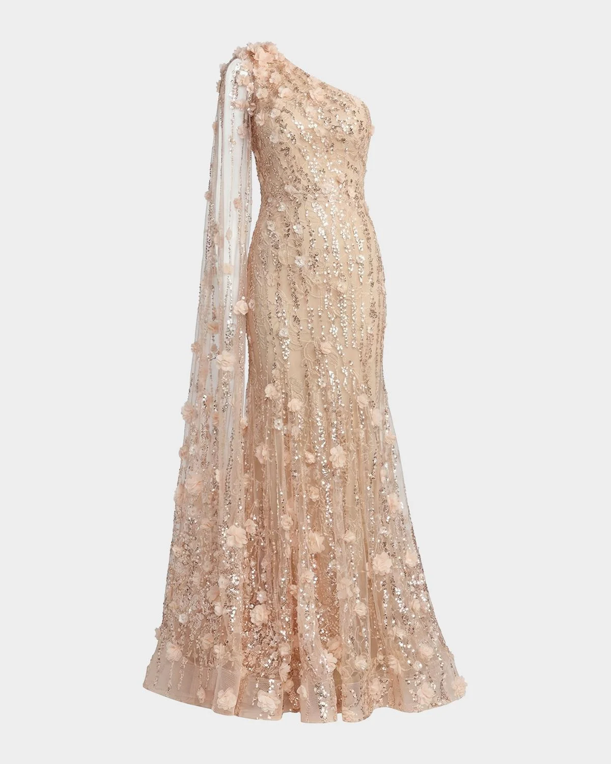 One-Shoulder Beaded Floral Lace Trumpet Gown - 1