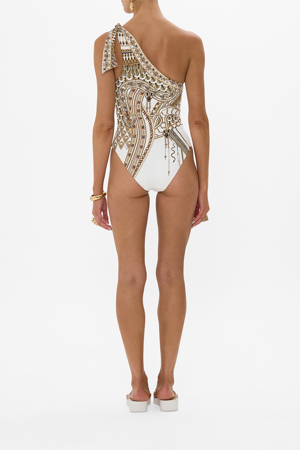 ONE SHOULDER TIE ONE PIECE WITH TRIM - 3