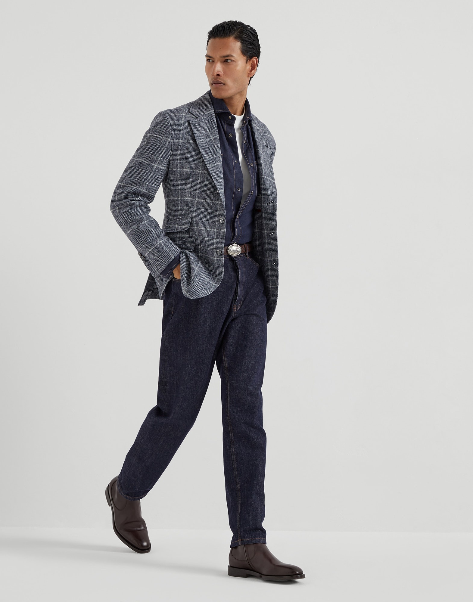 Alpaca and wool overcheck Prince of Wales deconstructed Cavallo blazer with metal buttons - 5