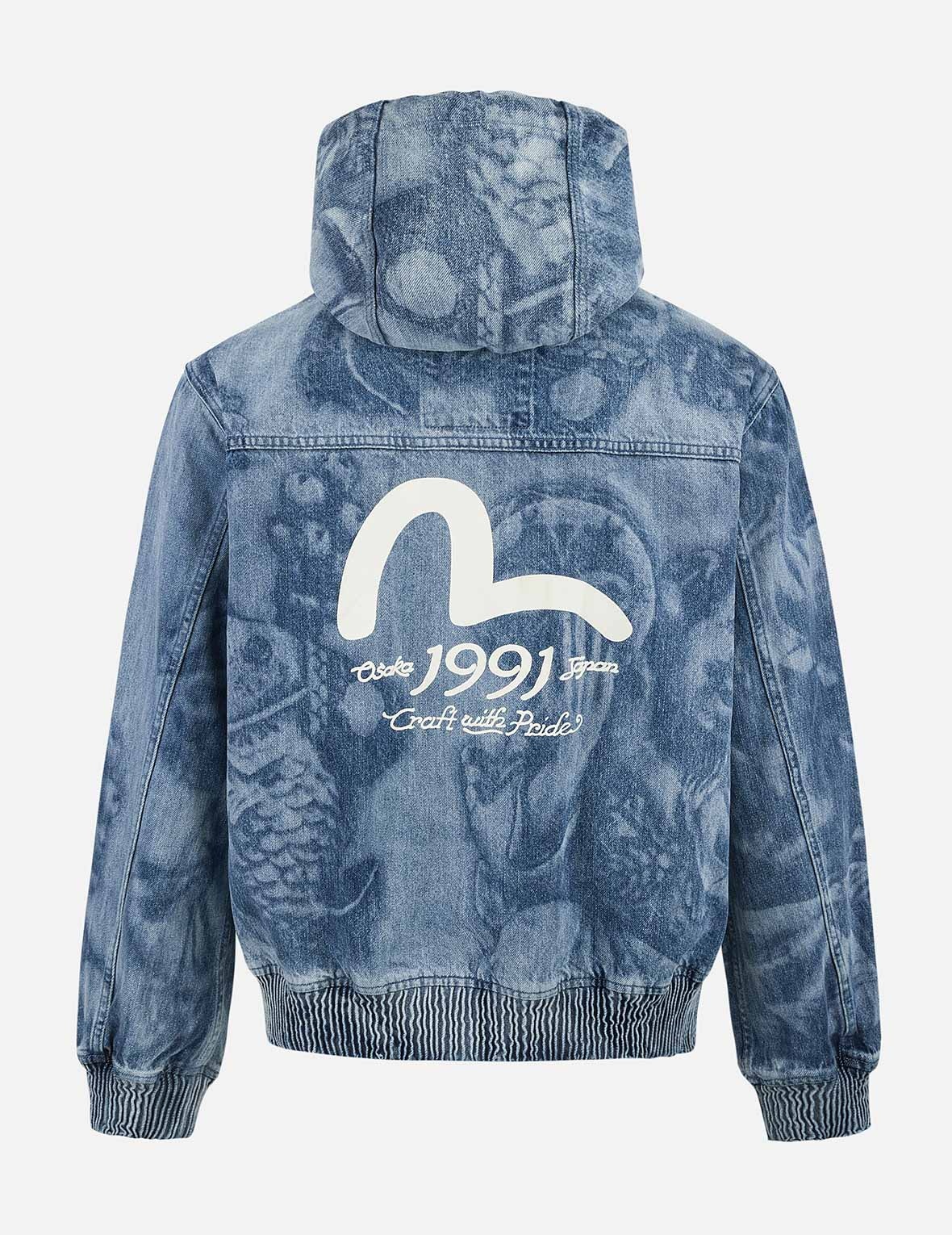 Fisherman Godhead Laser Print Loose Fit Hooded Denim Jacket - 2