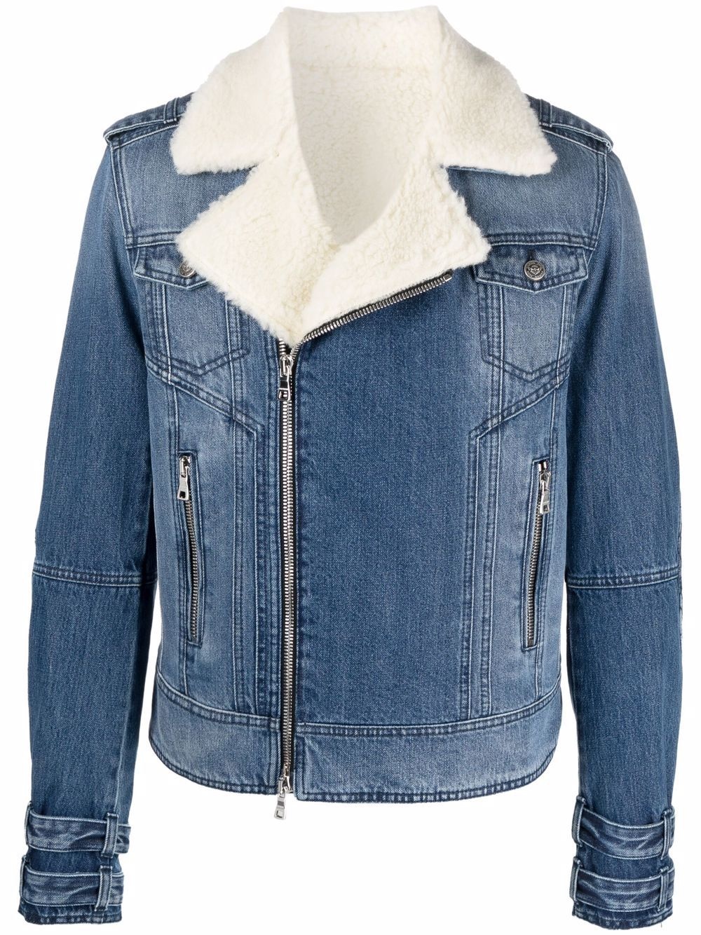 shearling collar denim biker jacket - 1