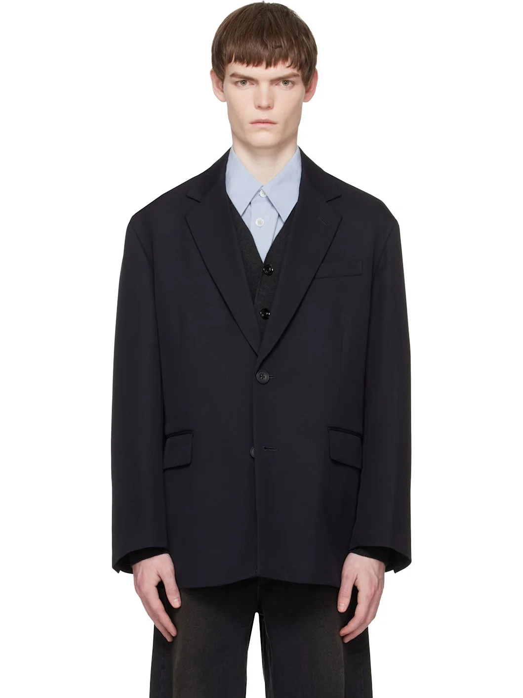 Navy Wool Kersey Oversized Single Breasted Blazer - 1