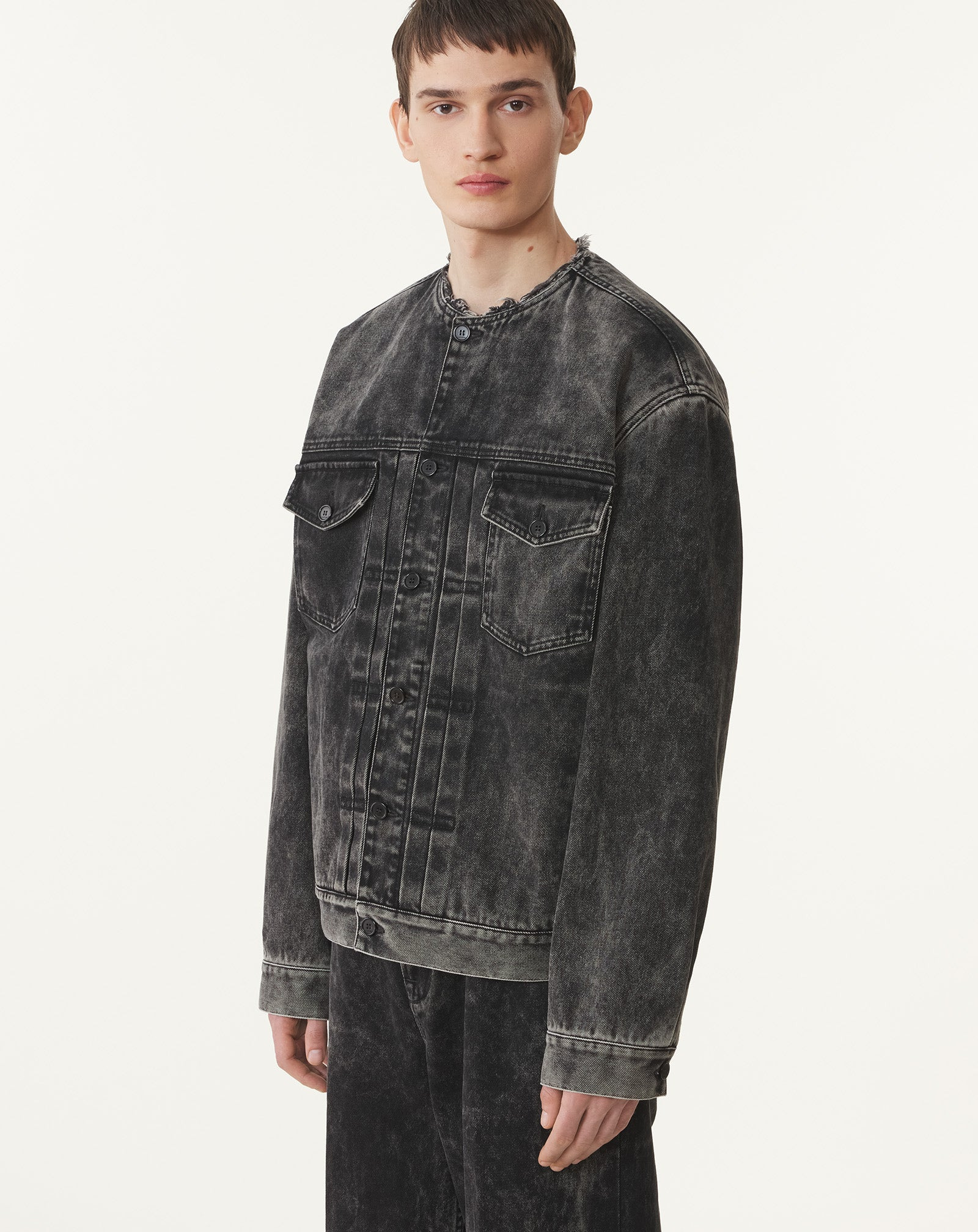 COLLARLESS DENIM JACKET - 3