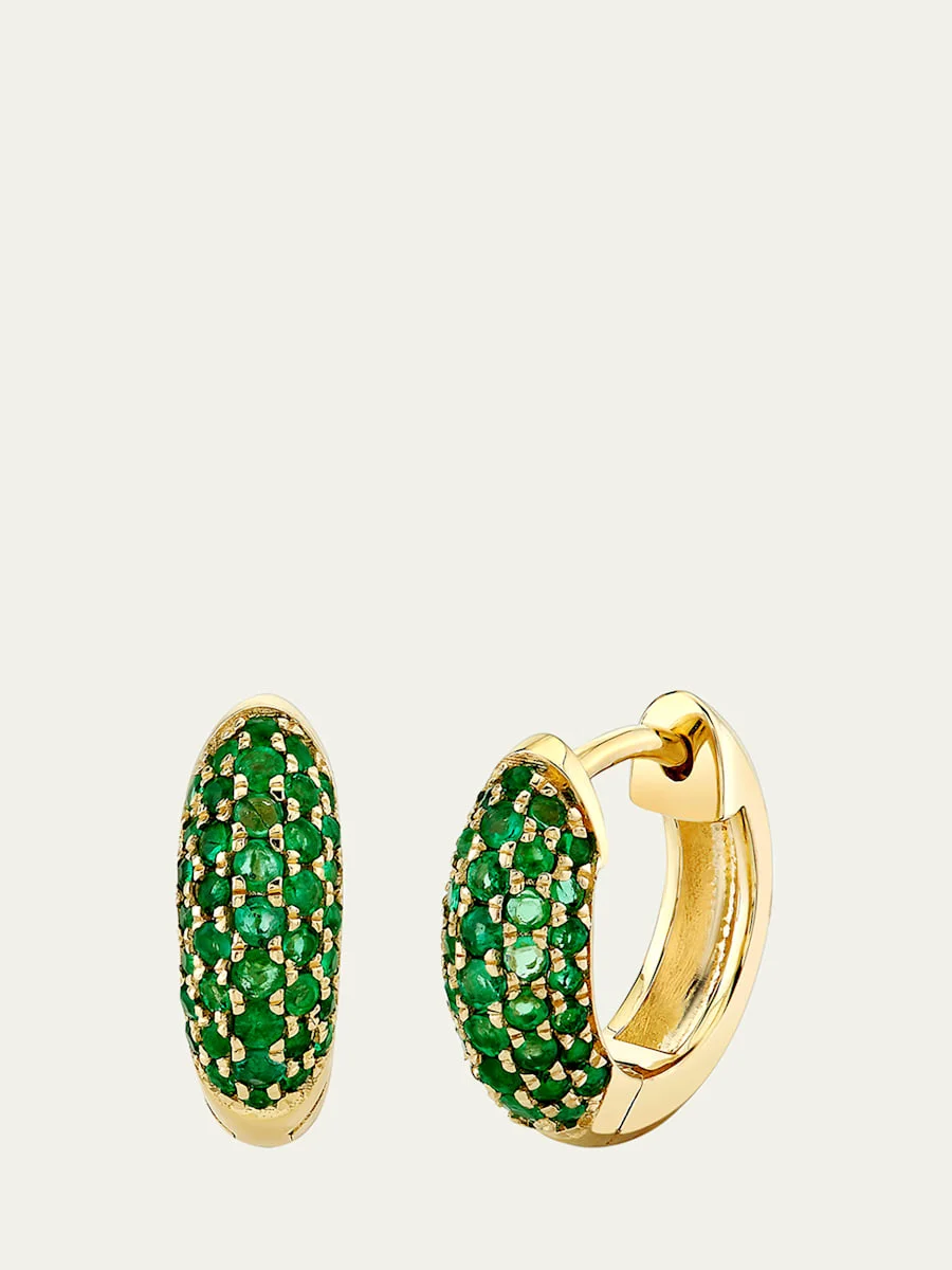14K Emerald Pave Puffy Huggie Hoop Earrings - 1