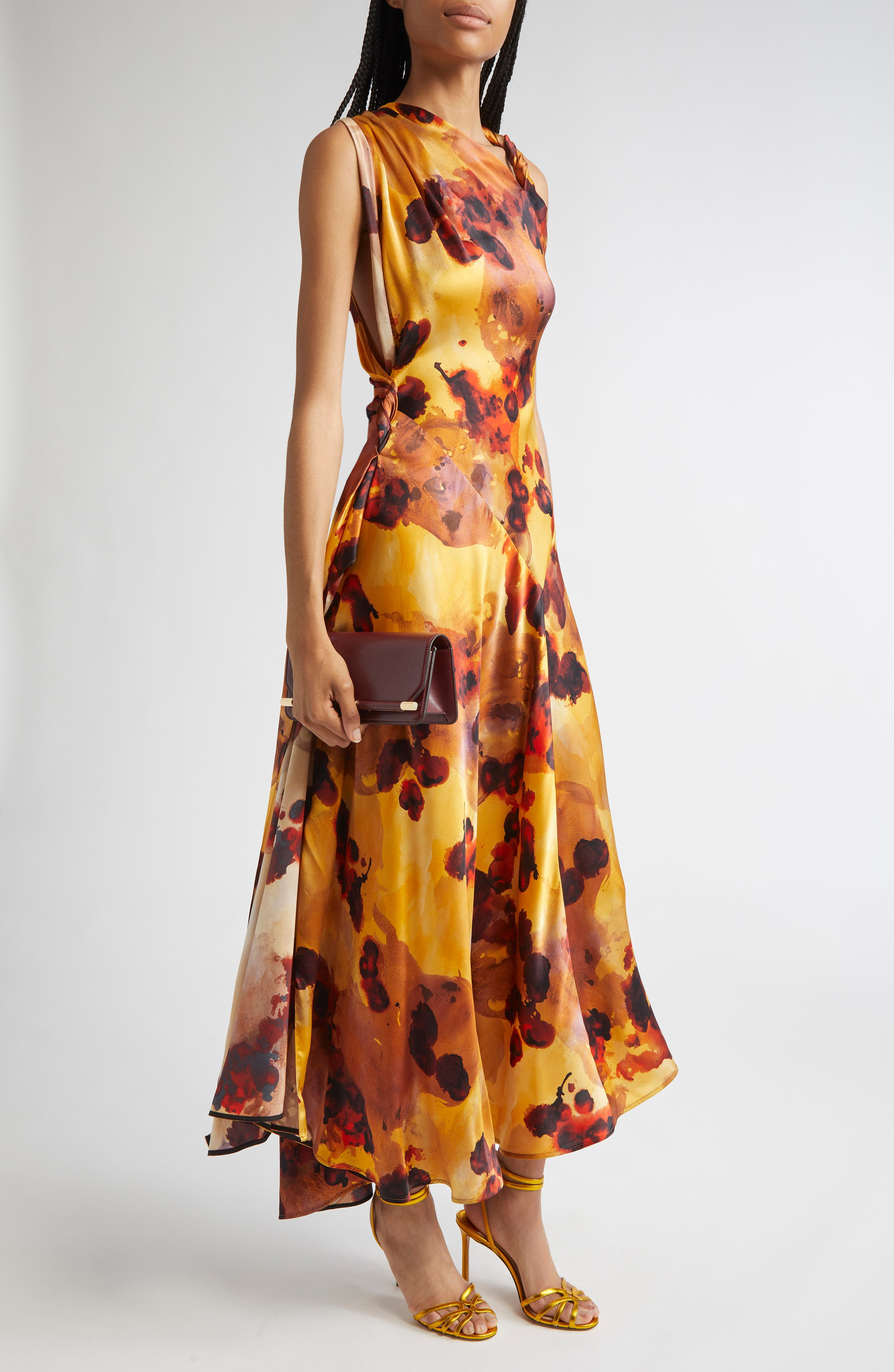 Victoria Beckham Abstract Floral Asymmetric Silk Midi Dress in Amber at Nordstrom - 4