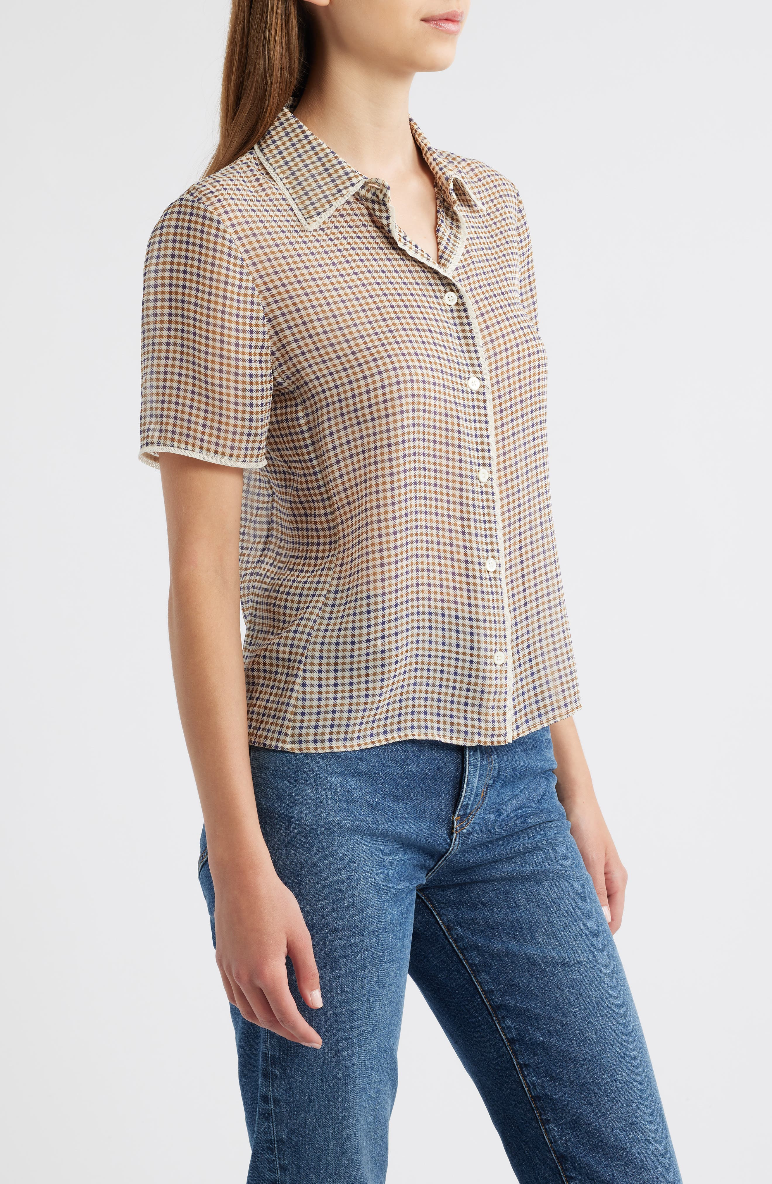 FRAME The Houndstooth Silk Short Sleeve Button-Up Shirt in Houndstooth Multi at Nordstrom - 3