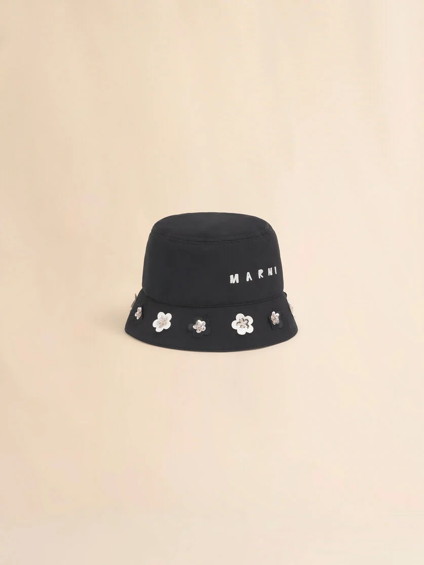 BLACK TAFFETA BUCKET HAT WITH DAISY APPLIQUÉS - 1